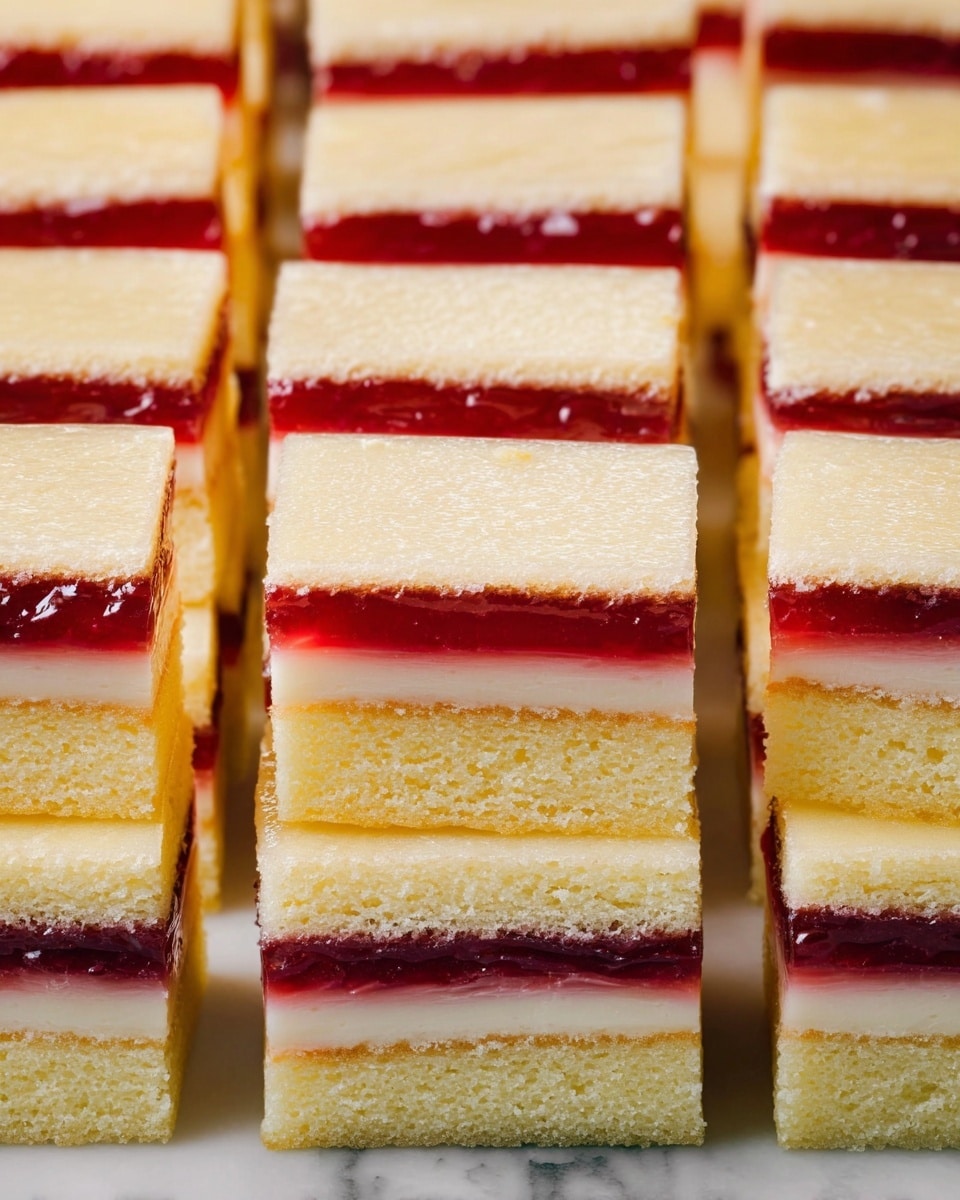 This image shows many small square cakes stacked neatly. Each cake has three layers: the top and bottom layers are light yellow, soft cake. The middle layer is very thin, with a bright red jelly spread evenly, creating a shiny texture. Below the jelly is a white, smooth cream layer, also thin but thicker than the jelly. The cakes are uniform in size and closely packed together, filling the whole frame with a clean, simple look against a white marbled background. photo taken with an iphone --ar 4:5 --v 7