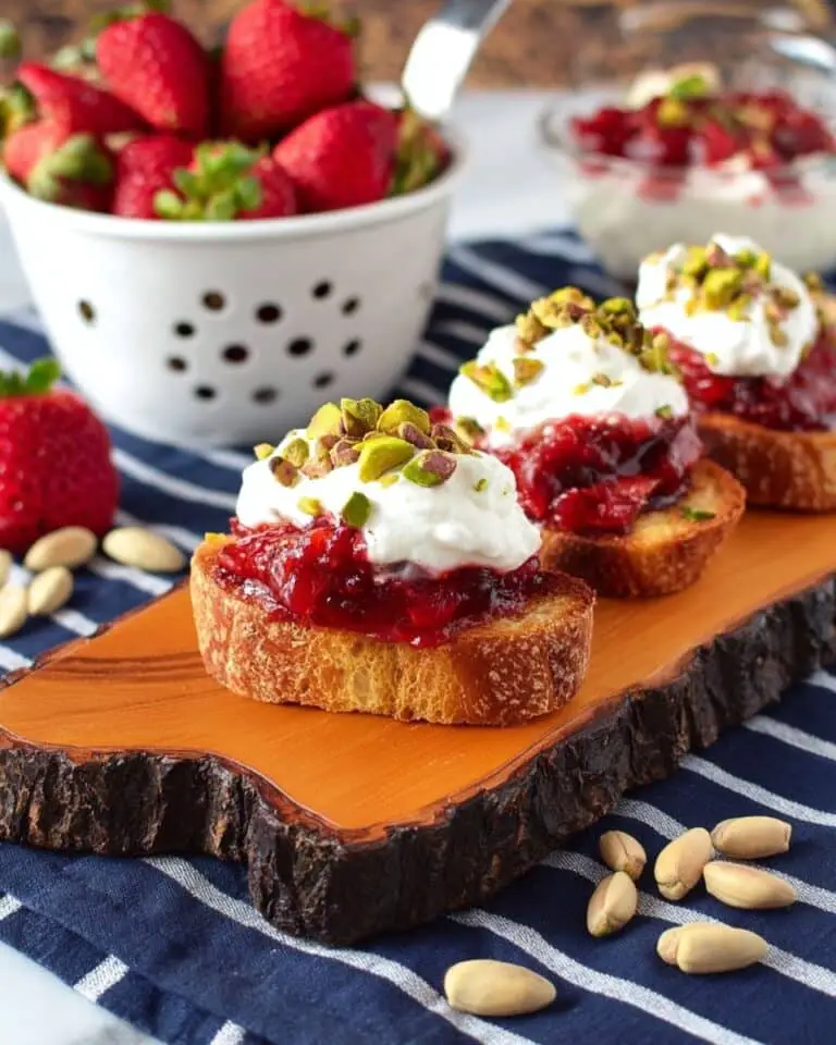 Roasted Balsamic Strawberry Crostini with Mascarpone Whipped Cream and Pistachios Recipe