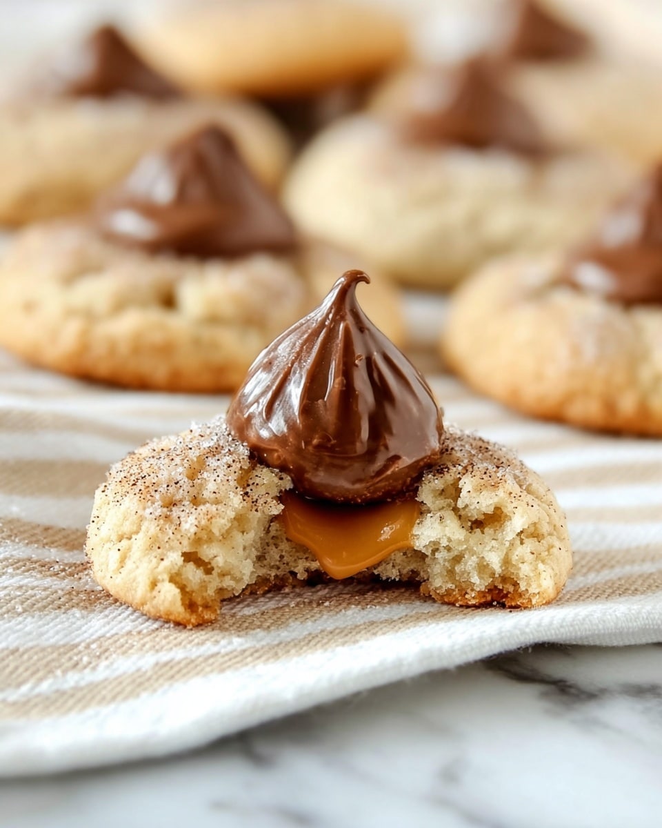 A close-up image of a cookie with a round shape and rough texture, broken open to reveal a soft, light beige inside with a slightly crumbly texture. On top of the cookie, there is a single, smooth, dark brown chocolate piece shaped like a small cone, filled with thick golden caramel that oozes out from the cookie's center. The cookie surface has a light dusting of brown cinnamon or sugar. In the background, there are several whole cookies blurred out, all placed on a soft white and light beige striped cloth, set against a white marbled surface. The focus is sharp on the front cookie and chocolate caramel center. photo taken with an iphone --ar 4:5 --v 7