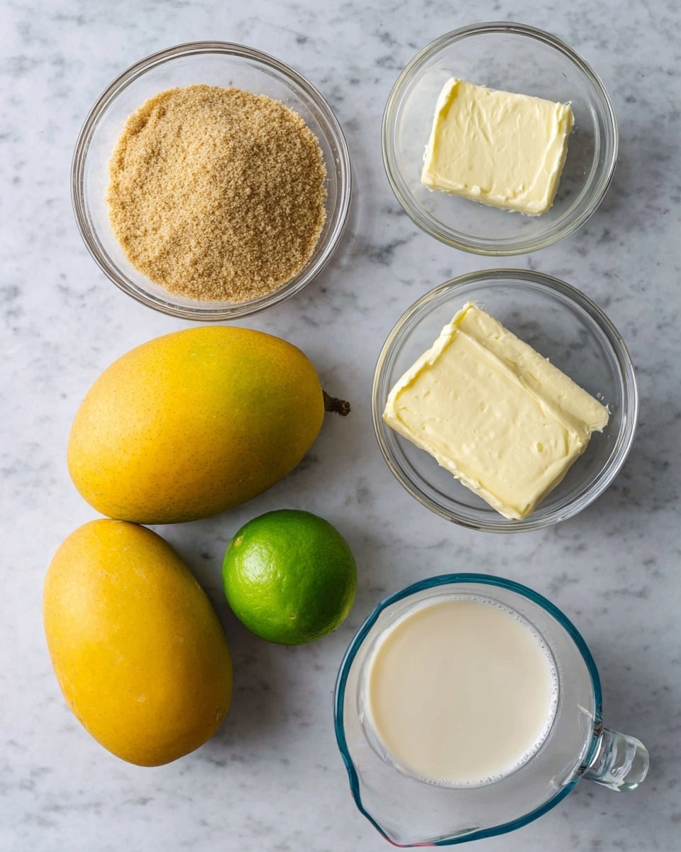 The image shows five ingredients arranged on a white marbled surface: two whole yellow mangoes positioned side by side, one small green lime below the mangoes, a clear glass bowl filled with light brown crumbs at the top left, a clear glass bowl with a square piece of pale yellow butter at the center right, and another small clear glass bowl containing a creamy white liquid at the bottom right. A clear measuring cup with more creamy white liquid sits at the top right. The colors range from yellow and green fruits to creamy and brown shades in the bowls. photo taken with an iphone --ar 4:5 --v 7