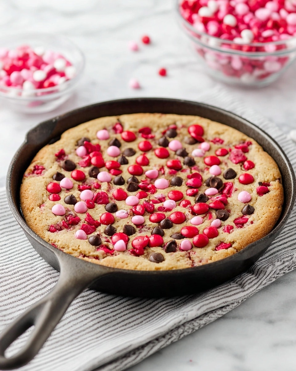 A thick, round cookie baked in a dark skillet, with a golden-brown edge that looks slightly crunchy and a soft center. The top is covered with three types of toppings: bright red candy-coated chocolates, pink candy-coated chocolates, and small dark chocolate chips, scattered evenly across the surface. The skillet rests on a striped cloth, and in the background, there is a transparent bowl filled with more red and pink candy-coated chocolates on a white marbled surface. Photo taken with an iphone --ar 4:5 --v 7
