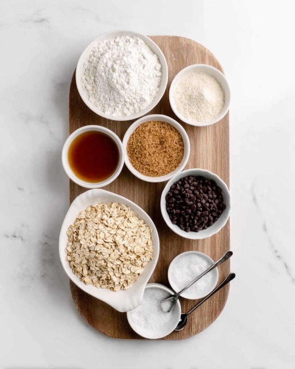 The image shows six white bowls of different sizes with various baking ingredients arranged in a white oval dish placed on a wooden board, all set on a white marbled surface. The largest bowl at the bottom center holds rolled oats, light beige in color with a flaky texture. Above it is a medium bowl with light brown sugar, granulated and slightly coarse. To the left, a small bowl contains a dark amber liquid, probably vanilla or syrup. At the top left, a medium bowl is filled with white flour, powdery and fine. Next to it, a medium bowl holds a light beige powder, possibly baking powder or cinnamon. On the top right, a small bowl contains dark brown to black chocolate chips, smooth with a shiny surface. To the right of the board, two small measuring spoons lie flat on the white marbled surface, one with a white powder and the other empty. photo taken with an iphone --ar 4:5 --v 7