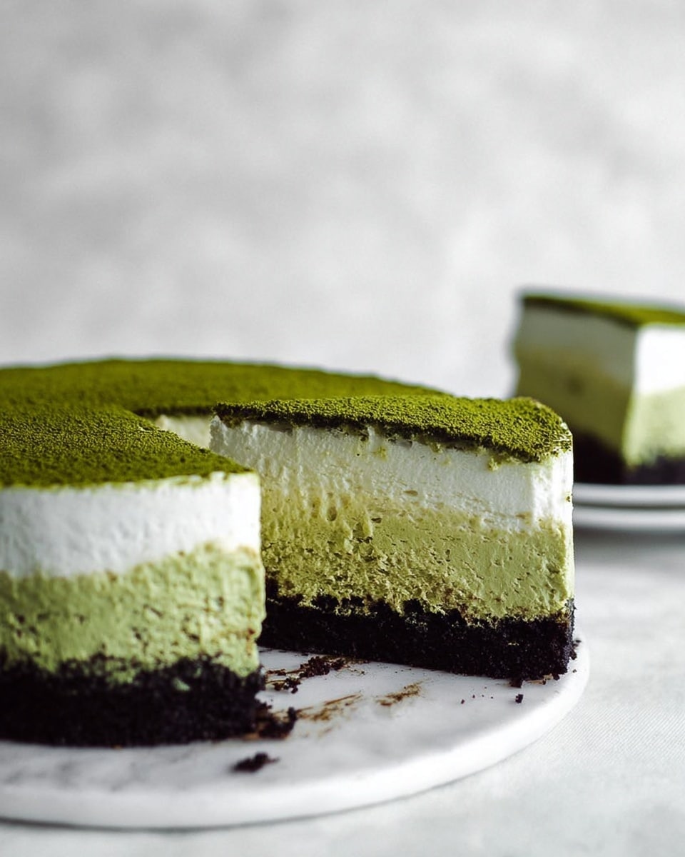 A three-layer round cake is shown with a slice removed, placed on a white marbled surface. The bottom layer is dark and dense, almost black in color. The middle layer is thick and creamy with a light greenish tone, and it has a smooth texture. The top layer is white and fluffy, and the very top is dusted with a fine, bright green powder in a thin even layer. In the background, there is a white plate with another piece of the cake blurred out. Photo taken with an iphone --ar 4:5 --v 7