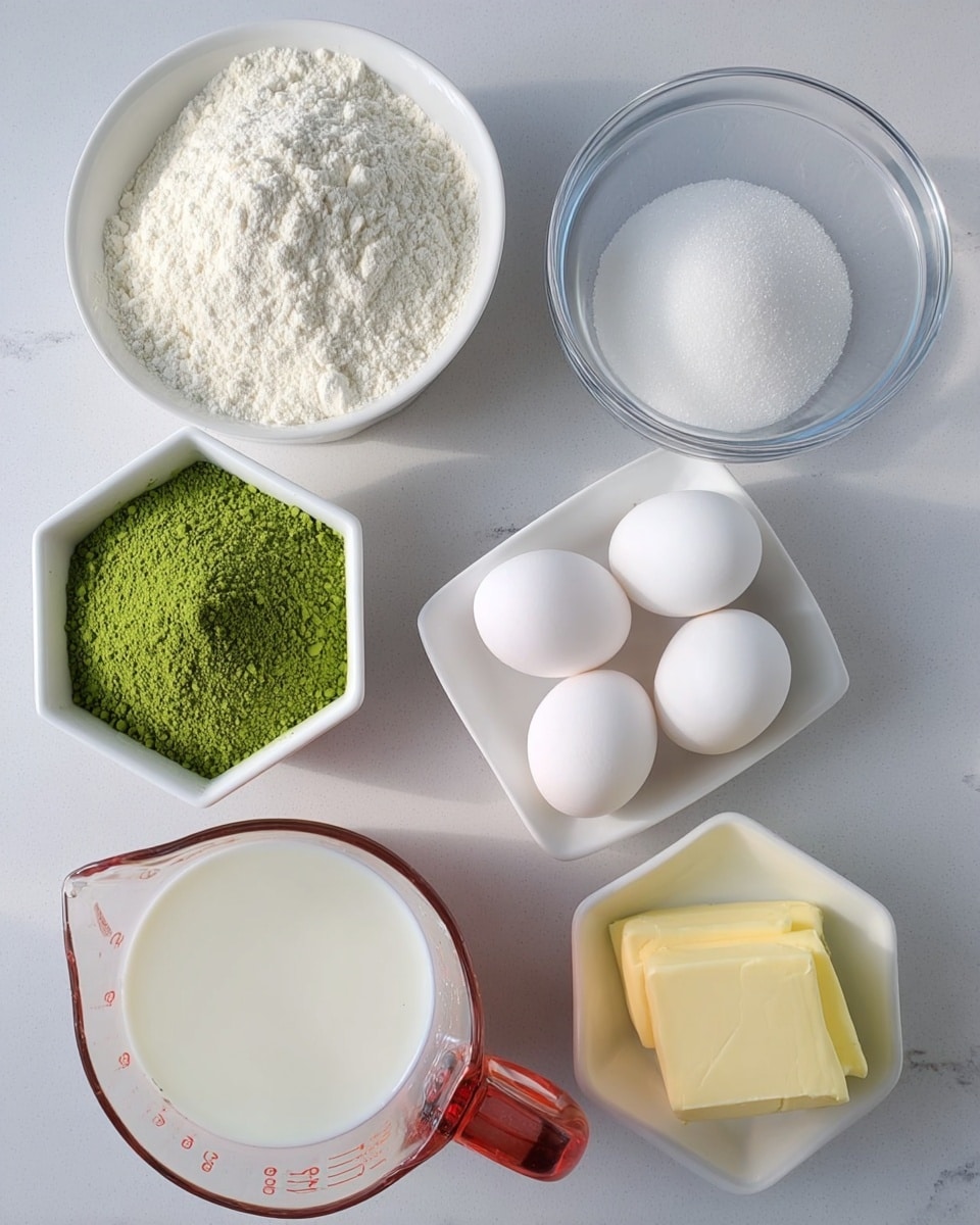 The image shows six ingredients arranged neatly on a white marbled surface. There is a white round bowl filled with white flour on the left side. Next to it, a small white hexagonal bowl holds bright green matcha powder. To the right, a clear glass bowl contains granulated white sugar. In the center are three white eggs placed close together. Below them, a clear measuring cup holds white milk with a red handle on the left. Finally, a small white hexagonal bowl contains two soft yellow butter pieces. The setting is bright and clean, with all containers and ingredients clearly visible. photo taken with an iphone --ar 4:5 --v 7