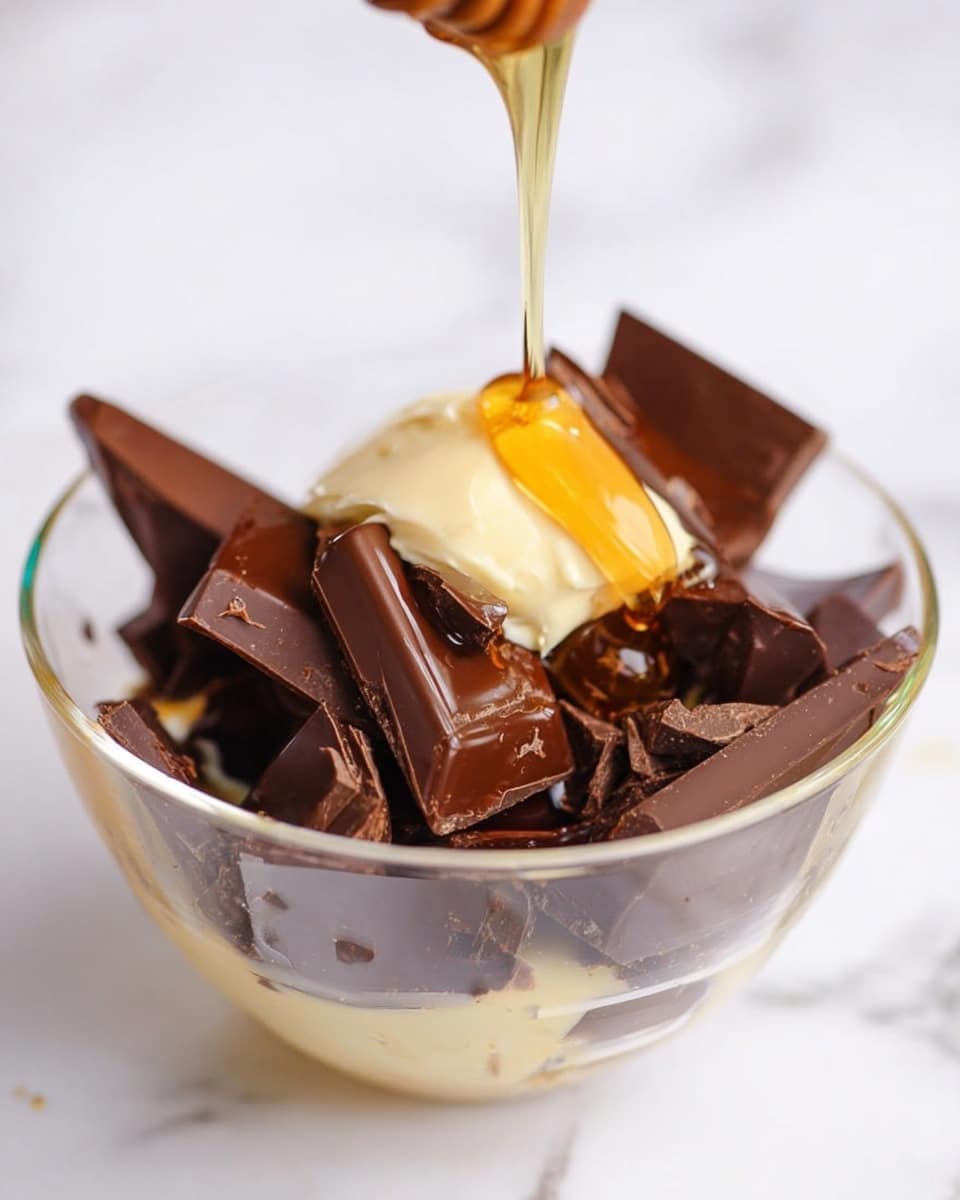 A clear glass bowl with large pieces of dark brown chocolate chunks inside, topped with a dollop of pale creamy butter. Golden honey is being poured from above, creating a shiny stream that lands on the chocolate. The bowl sits on a white marbled surface, with soft and bright lighting highlighting the glossy textures of the chocolate and honey photo taken with an iphone --ar 4:5 --v 7