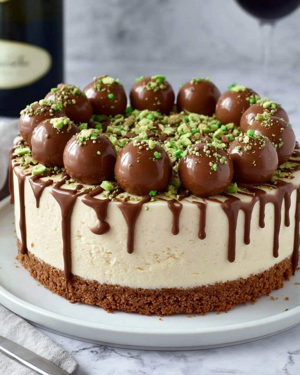 A round cheesecake with three clear layers is shown: the base is a brown crumb crust, the middle is a thick pale cream cheesecake layer, and the top is decorated with smooth milk chocolate drips falling down the sides. Nine chocolate balls sit evenly around the edge on top, with milk chocolate drizzle spread across the top surface. The top is also covered with small round and stick-shaped green sprinkles, adding bright color. The cake sits on a white plate on a white marbled surface. In the background, there is a blurred dark object. photo taken with an iphone --ar 4:5 --v 7