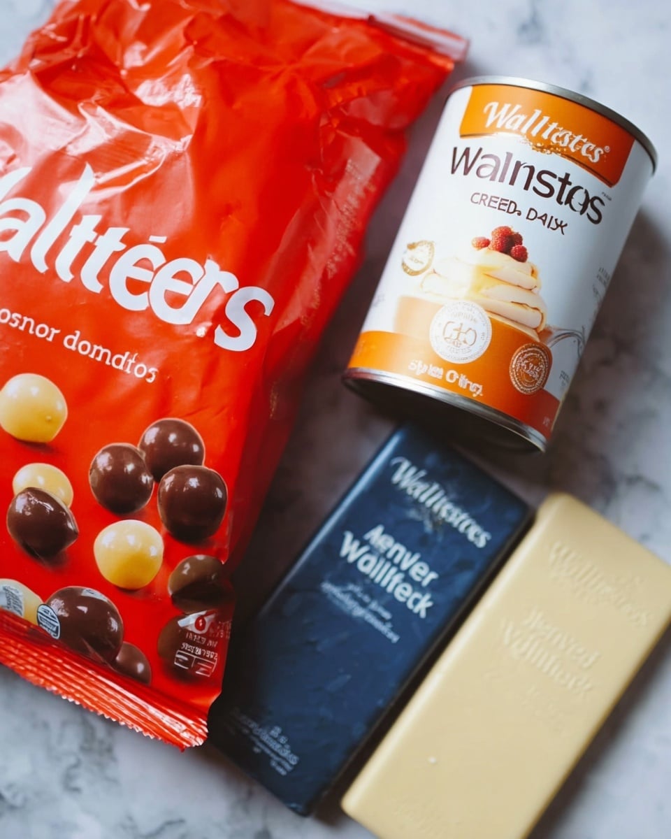 The image shows a red bag of Maltesers with the top right corner crinkled, placed above a white can of condensed milk with an orange label and cream dessert picture. To the right, there are two dark blue Waitrose chocolate bars stacked slightly askew, and behind them a light cream colored Waitrose chocolate bar. All items lay on a white marbled surface. photo taken with an iphone --ar 4:5 --v 7