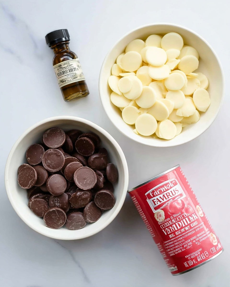The image shows four main items on a white marbled surface: a small brown bottle of vanilla extract with a black cap on the upper left, a white bowl filled to the top with small smooth white chocolate discs at the top right, another white bowl with round dark chocolate pieces stacked unevenly inside at the bottom left, and a red can of Farmlea sweetened condensed milk placed on its side at the bottom right. The colors include dark brown, creamy white, and red with subtle textures on the chocolates and the label on the can. Photo taken with an iphone --ar 4:5 --v 7