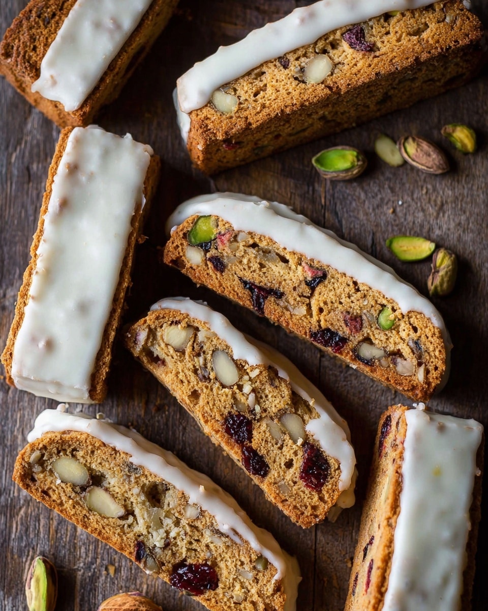 The image shows several rectangular biscotti cookies with a rough, crumbly texture and light brown color, scattered on a dark wooden surface. Each biscotti has a smooth white icing layer thickly spread along one long edge, contrasting with the warm brown cookie. Inside the biscotti, visible nuts and dried fruits, such as pistachios and cranberries, add dark red and green specks to the cookie's interior. The biscotti are arranged close together, some slightly overlapping, with a few loose pistachios nearby. photo taken with an iphone --ar 4:5 --v 7