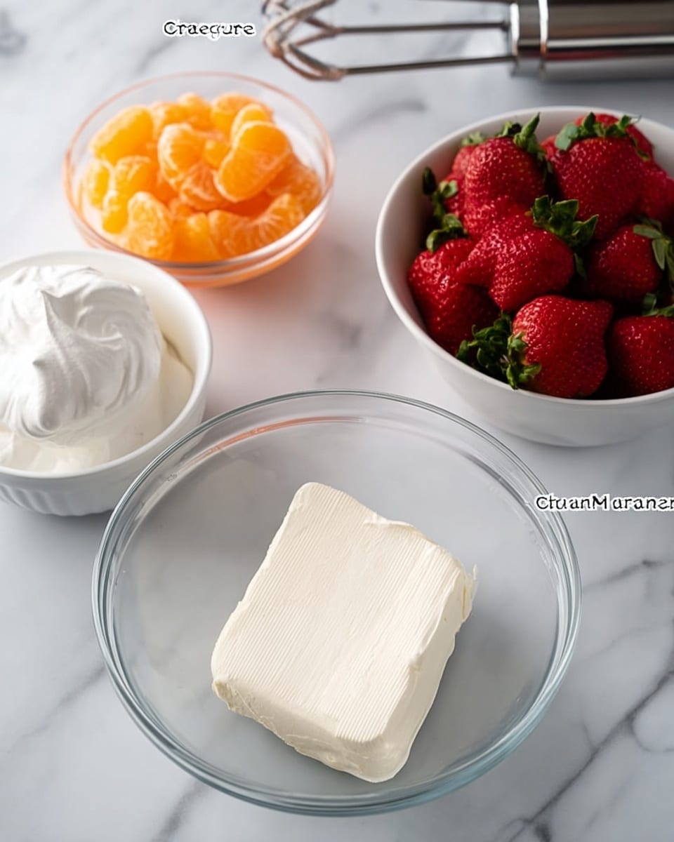 A clear glass bowl sits on a white marbled surface, holding a smooth, light cream block of cream cheese pressed flat on one side. To the left of the bowl is a white container of fluffy white marshmallow creme. Behind these, there is a white bowl filled with bright red strawberries with green leaves, and on top of the strawberries is a small clear amber bowl full of shiny orange mandarin segments. A silver hand mixer with beaters lies on the white marbled surface above the glass bowl. photo taken with an iphone --ar 4:5 --v 7