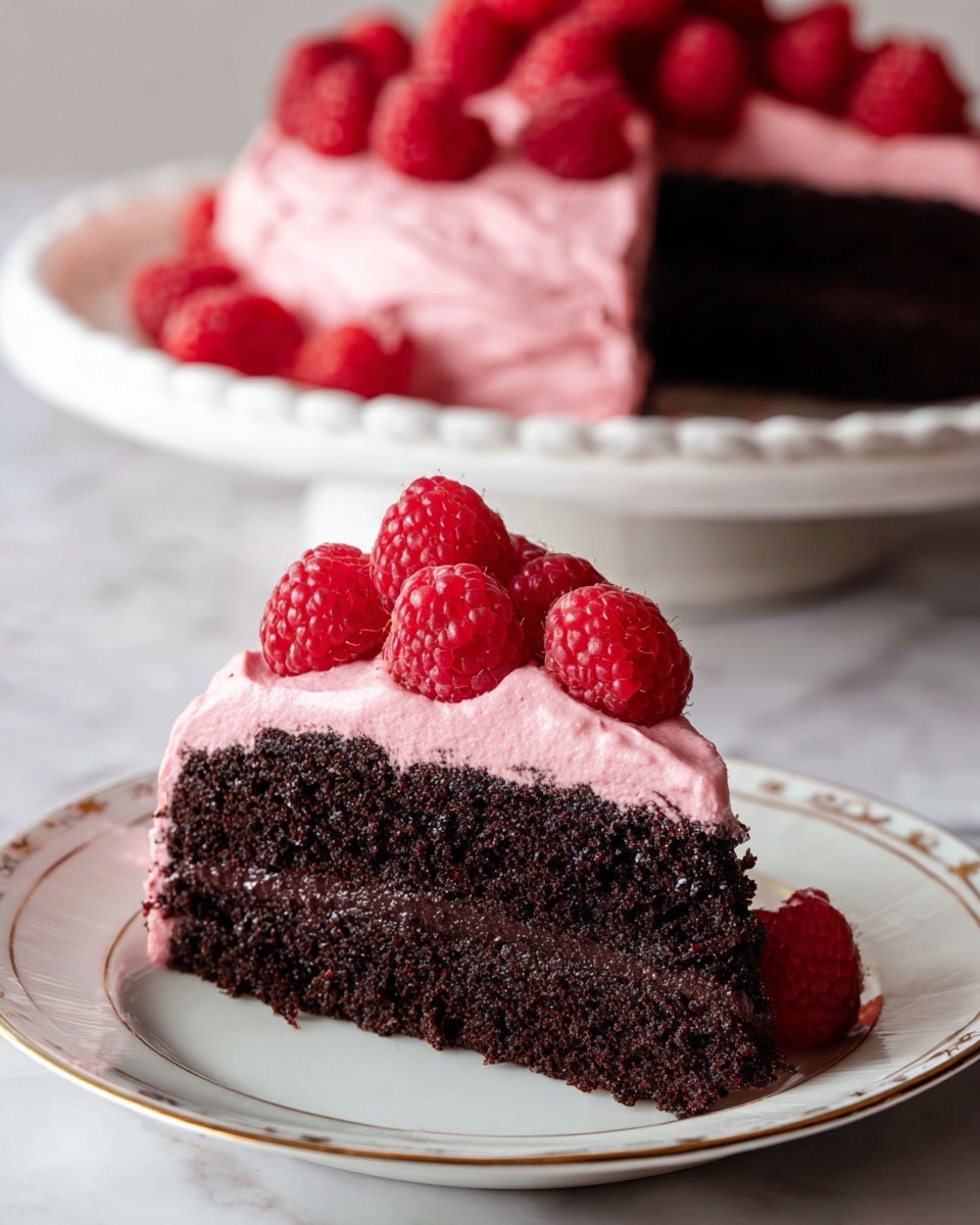 A single slice of dark chocolate cake sits on a white plate with a thin gold rim, showing one thick bottom layer of moist, rich chocolate cake in a deep brown color, topped by one thick layer of smooth pink frosting, and crowned with a small cluster of fresh red raspberries. Behind, the rest of the cake is on a white plate, matching the slice’s layers and topped with pink frosting and scattered raspberries. The scene is set on a white marbled surface. Photo taken with an iphone --ar 4:5 --v 7