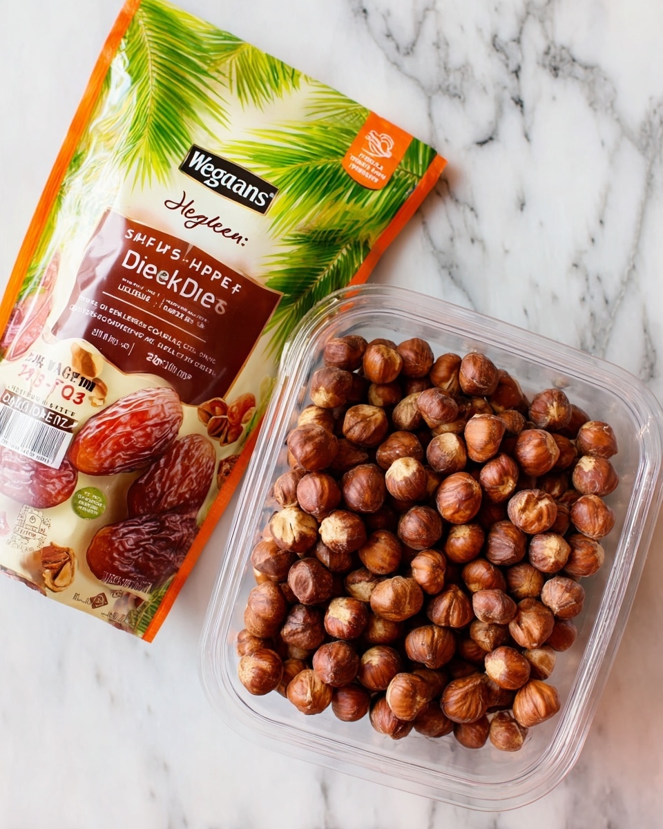The image shows a clear plastic container full of round brown hazelnuts with some visible light spots on their shells, placed on a white marbled surface. Next to this container is a brown and orange plastic bag labeled