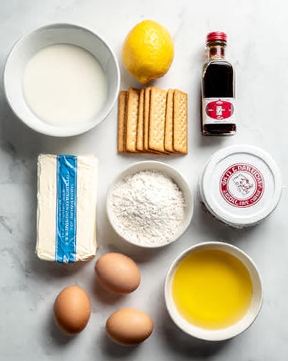 The image shows various baking ingredients arranged neatly on a white marbled surface. At the top left, there is a small bowl filled with pecans, brown and textured. Next to it on the right is a larger white bowl filled with flour, white and powdery with a slightly uneven surface. Below the pecans is a small white bowl filled with sugar, white and granular. In the center is a small packet of yeast with bright yellow, blue, and red colors. To the right of the yeast is a small white bowl filled with brown sugar, rich brown and slightly packed together. Below the sugar bowl is a small bowl with cinnamon, light brown and finely powdered. Near the bottom left side, there are three brown eggs aligned vertically. In the middle bottom, a small small bowl holds maple syrup, dark amber and smooth. Next to the syrup, two sticks of butter with a pale yellow color and blue wrapping lie flat. Finally, at the bottom right, a small white jug is filled with milk, white and smooth. All ingredients have clear labels on them. photo taken with an iphone --ar 4:5 --v 7
