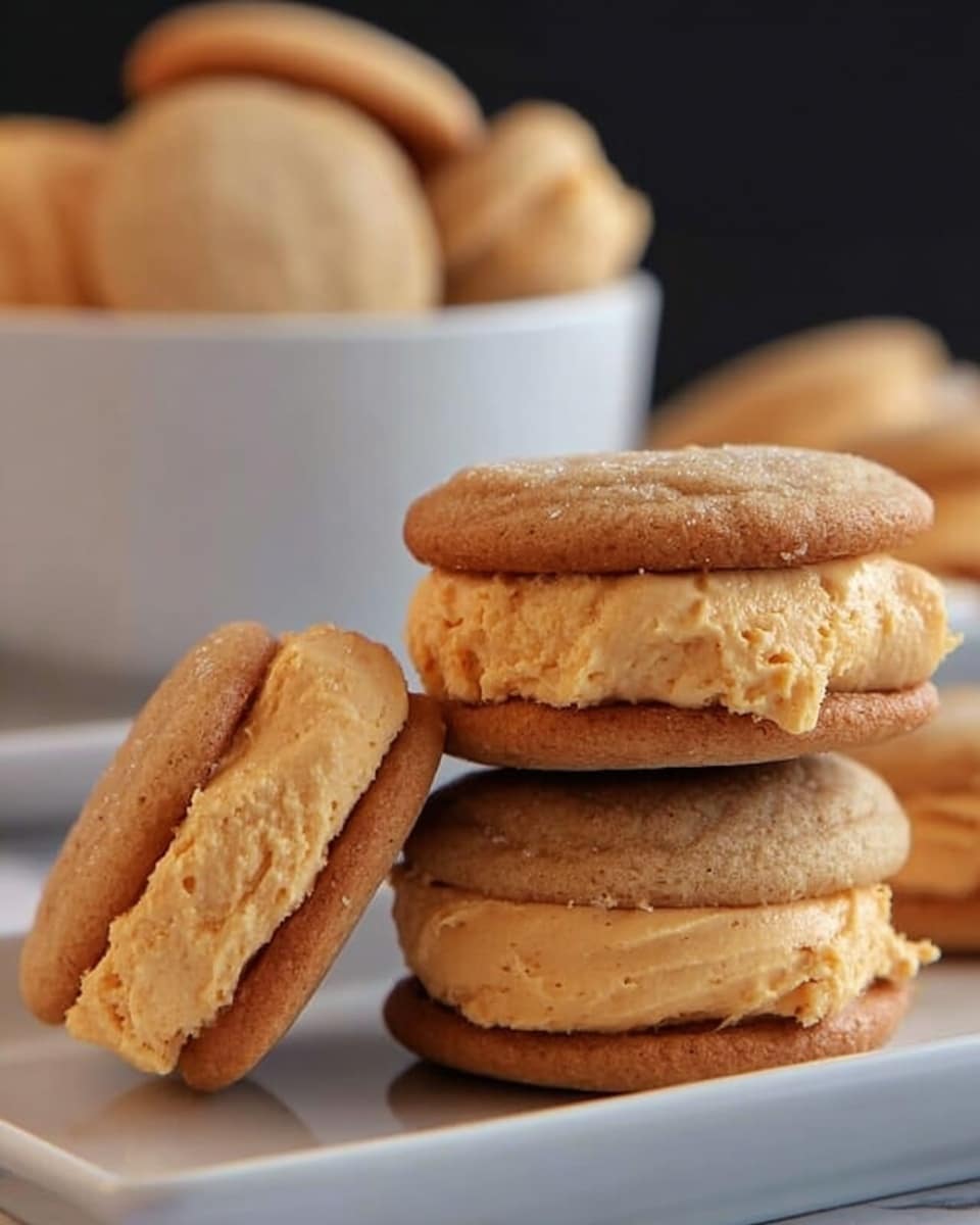 The image shows a white square plate with four sandwich cookies stacked in two layers. Each cookie sandwich has two medium-brown cookies with a rough texture, and between them is a thick middle layer of bright orange-yellow creamy filling. The cookies have a slightly cracked surface, and the filling looks soft and uneven, giving a homemade feel. In the background, on a white marbled surface, there is a white bowl with more cookies and small orange pumpkin decorations. The scene is set against a dark backdrop, creating contrast. photo taken with an iphone --ar 4:5 --v 7