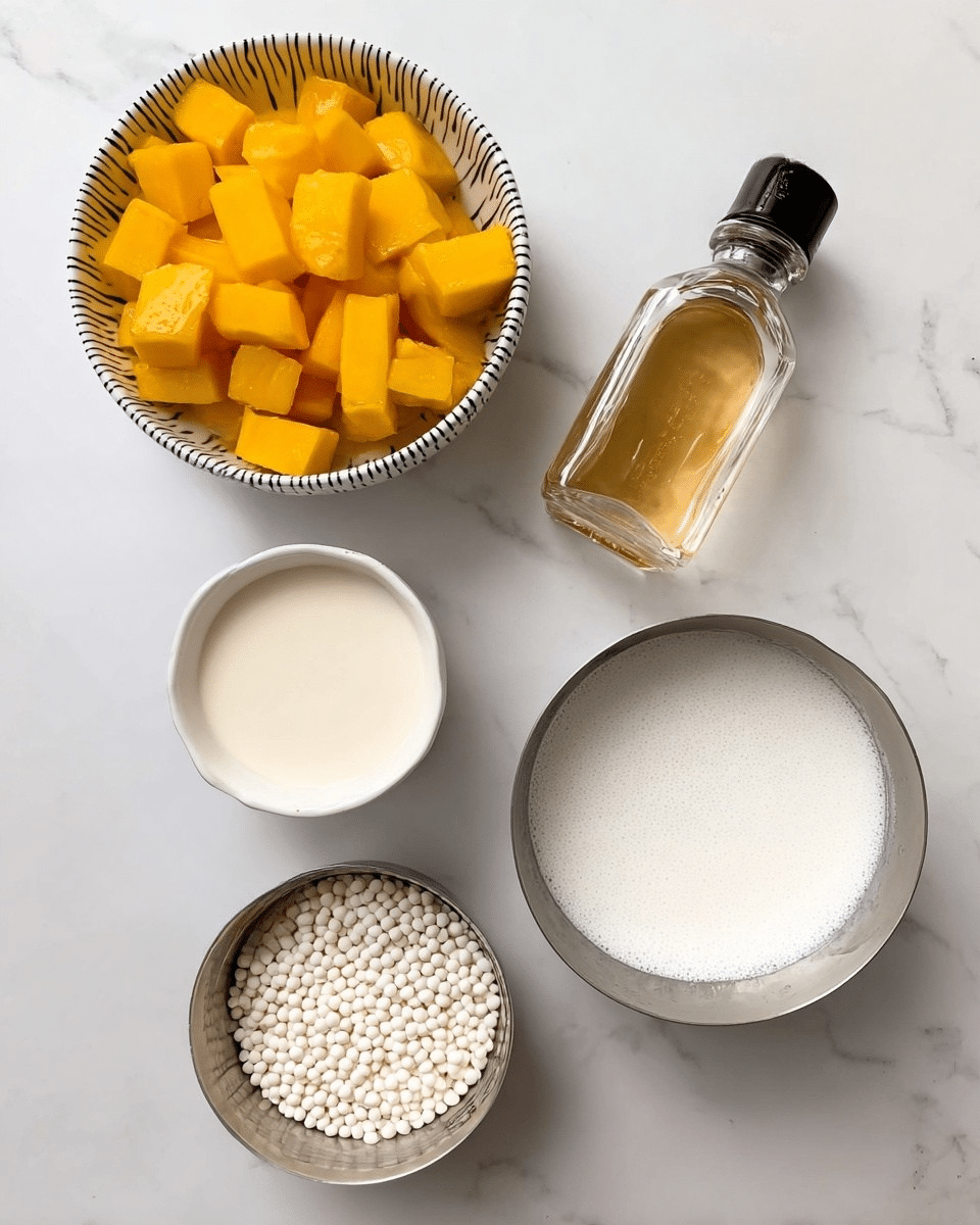 The image shows five ingredients arranged on a white marbled surface. In the top left is a white bowl with thin black lines filled with bright yellow mango cubes. To the right of it is a small clear glass bottle with a black cap holding a light golden liquid labeled vanilla extract. Below the vanilla extract is a small plain white bowl with creamy off-white sweetened condensed milk. On the bottom left is a small silver metal bowl filled with small white tapioca pearls. To the right of the tapioca pearls is a larger silver metal bowl containing white coconut milk with a slightly frothy surface. All items are spaced evenly in a neat layout. photo taken with an iphone --ar 4:5 --v 7