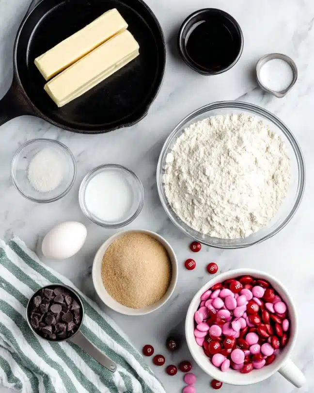 The image shows baking ingredients arranged on a white marbled surface. In the top left corner, a black pan holds two sticks of pale yellow butter side by side. To its right, a small black cup contains a dark liquid labeled vanilla extract. Next to it is a small clear bowl with white baking soda and salt. Centered below these, a clear glass bowl is filled with white flour, slightly mounded in the middle. Below and to the left are two white eggs resting near a striped cloth in green and white. A white bowl filled with light brown brown sugar sits next to a silver spoon. Below those, a silver measuring cup holds small dark chocolate chips, some scattered nearby. On the right, a white cup overflows with pink and red M & M's candies, with a couple scattered on the surface. The setup looks clean and well organized, all on the smooth white marbled texture. photo taken with an iphone --ar 4:5 --v 7