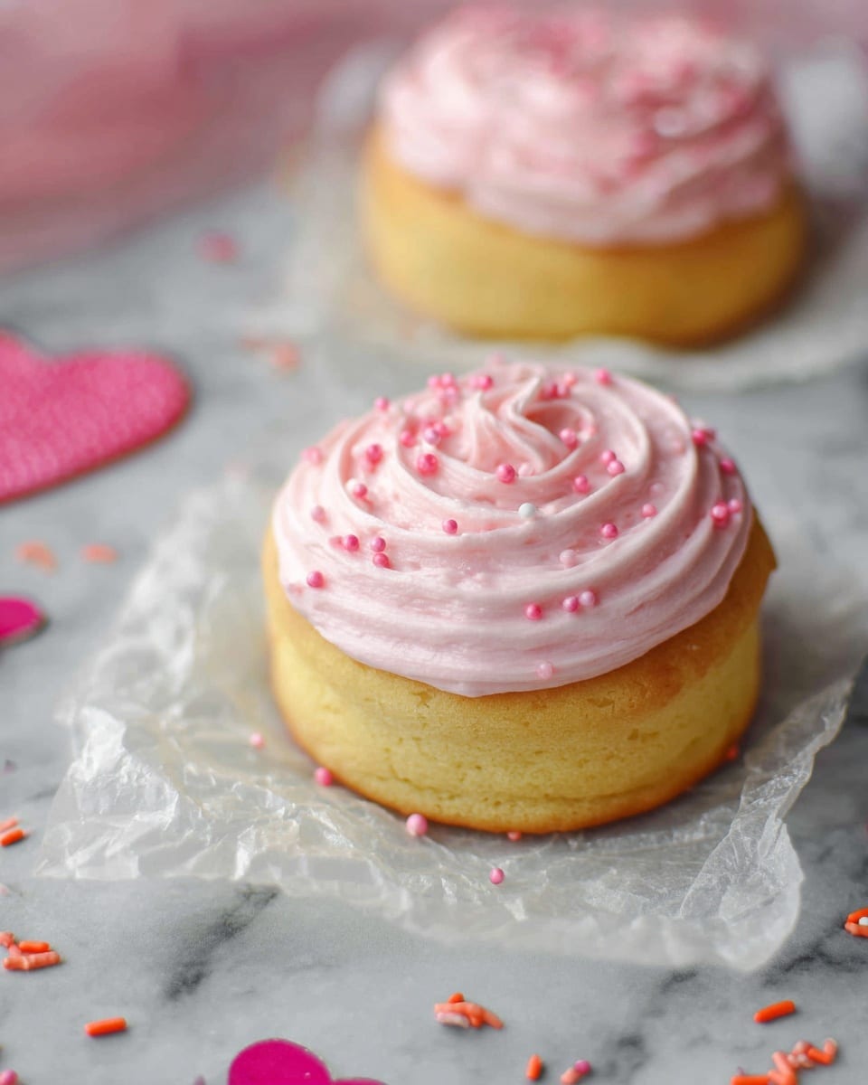 A close-up view of two small round cakes, each with one layer of golden-yellow cake base topped with a thick, swirled layer of light pink frosting sprinkled with tiny bright pink sugar beads; the cake in the front sits on a crinkled piece of transparent wax paper on a white marbled surface, while the other is slightly blurred in the background; small pink and orange sprinkles scattered around add extra color, creating a soft and inviting look. photo taken with an iphone --ar 4:5 --v 7