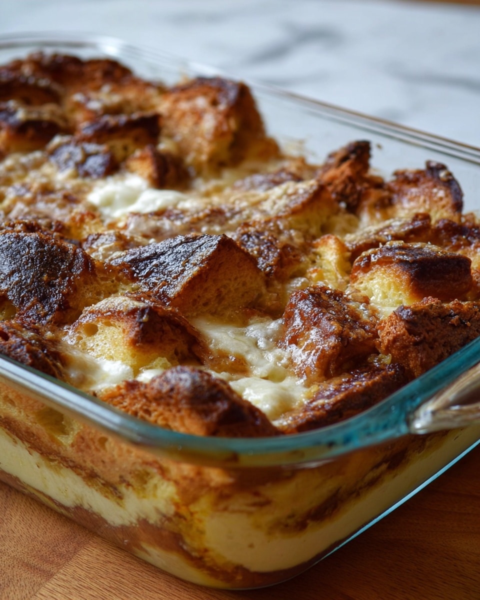 This image shows a close-up of a baked dish in a clear glass baking dish with a golden-brown crust on top. The dish appears to have several layers, with the top layer being toasted pieces of bread or pastry that are browned and crispy. Underneath this, there is a creamy white layer that looks soft and slightly melted, likely cheese or custard. The edges of the bread pieces have darker, almost charred spots, showing a crunchy texture. The baking dish is placed on a wooden surface, but the background is changed to a white marbled texture. photo taken with an iphone --ar 4:5 --v 7