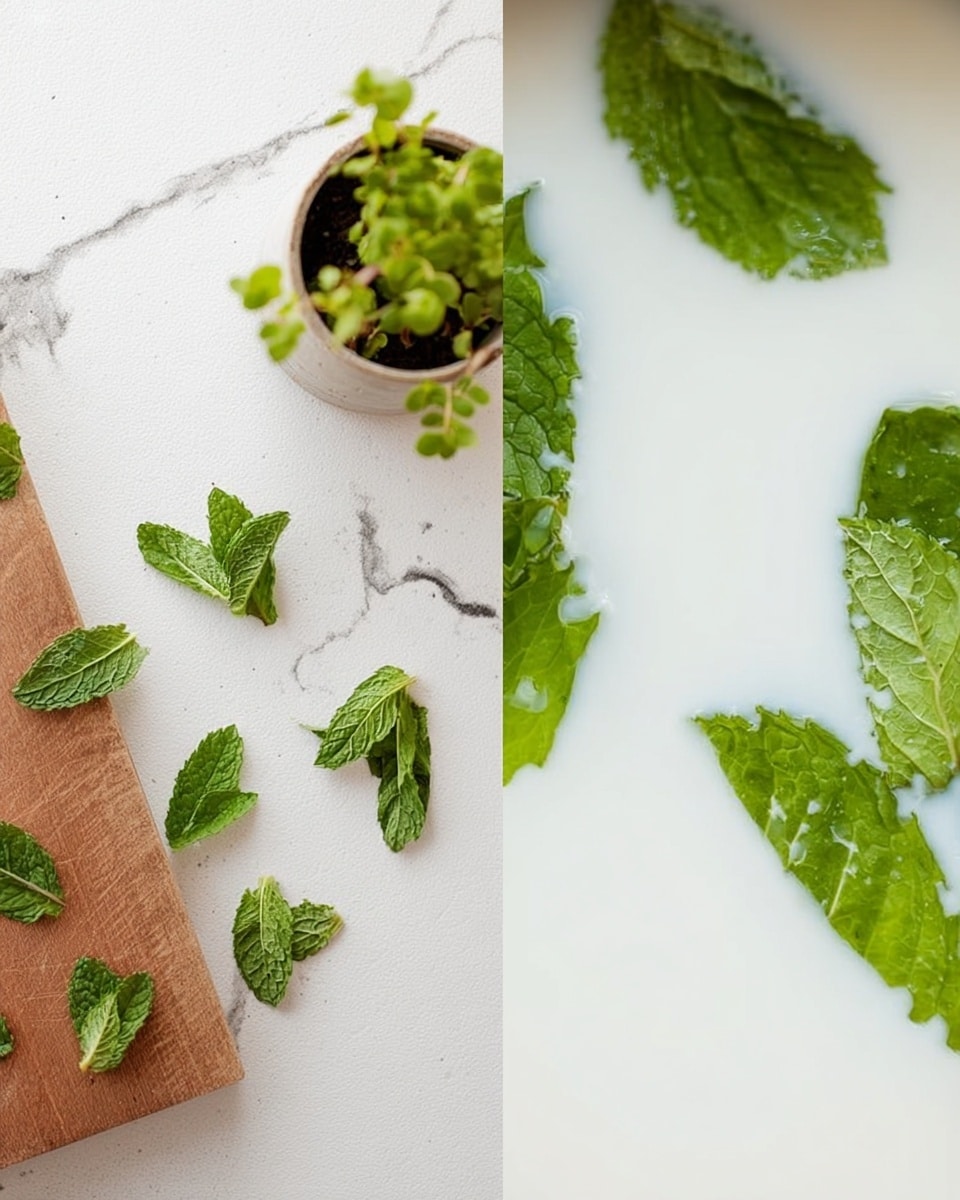 The image is split into two parts: on the left, a wooden board holds several fresh green mint leaves scattered around with a small plant pot at the top left corner, while on the right, a close-up shows bright green mint leaves floating on a smooth, creamy white liquid, creating a fresh and clean look. The background is a white marbled texture. photo taken with an iphone --ar 4:5 --v 7