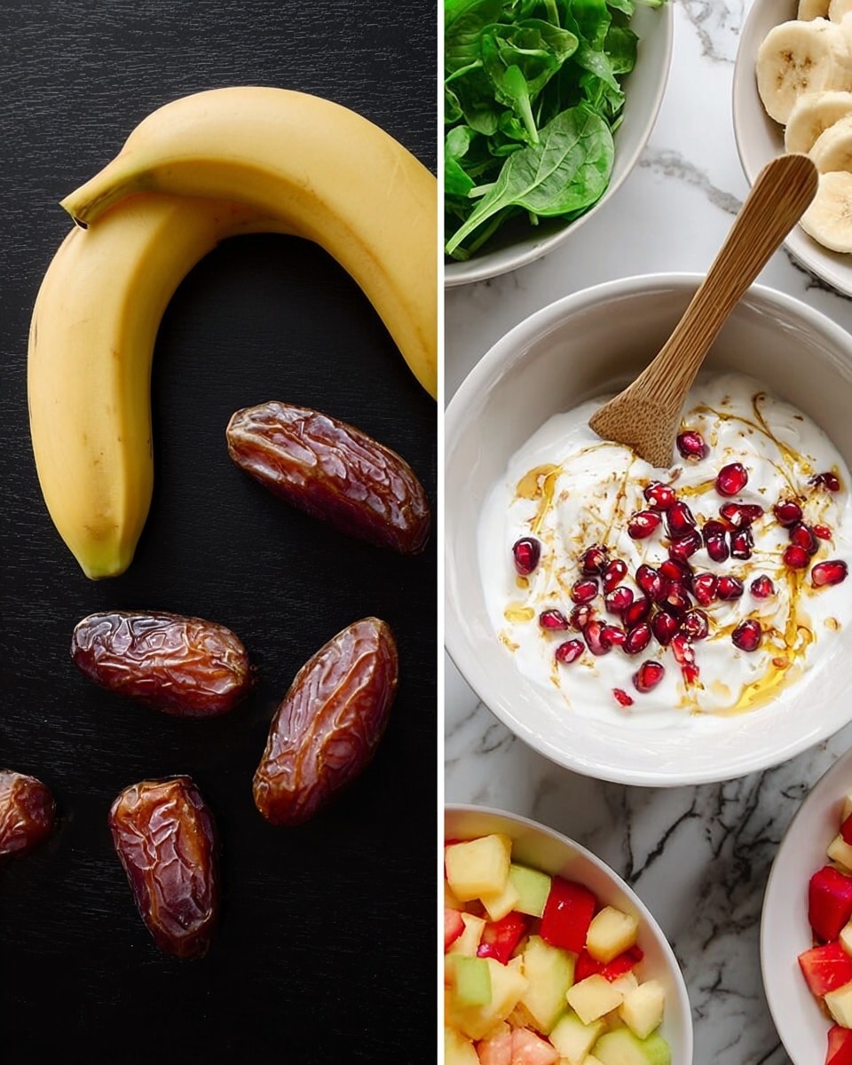 The image shows two parts: on the left, a close-up of three brown dates and two yellow bananas placed on a black surface, with a smooth texture on the bananas and the dates looking wrinkled. On the right, a white bowl filled with creamy white yogurt topped with red pomegranate seeds and thin golden drizzle, with a wooden spoon resting inside. Surrounding the bowl are white dishes with fresh green leaves, sliced yellow banana pieces, and a colorful mix of red and yellow fruit cubes, all set on a white marbled surface. photo taken with an iphone --ar 4:5 --v 7