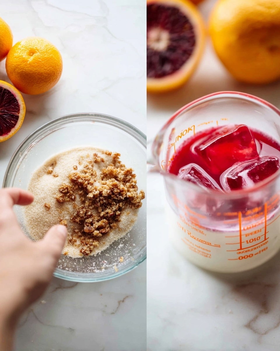 The image shows two scenes side by side on a white marbled surface. On the left, a woman's hand is mixing a layer of light brown sugar with darker crumbly pieces in a clear glass bowl. The sugar base is fine and grainy with rough textured brown pieces scattered on top. In the background, there are round yellow-orange fruits and a blood orange sliced open, showing deep red and purple inside. On the right, a clear glass measuring cup has two layers: the bottom layer is smooth and creamy white, and the top layer is a bright red liquid with a slightly shiny, smooth surface and some ice cubes. The cup has orange lettering and measurement lines on it. Photo taken with an iphone --ar 4:5 --v 7