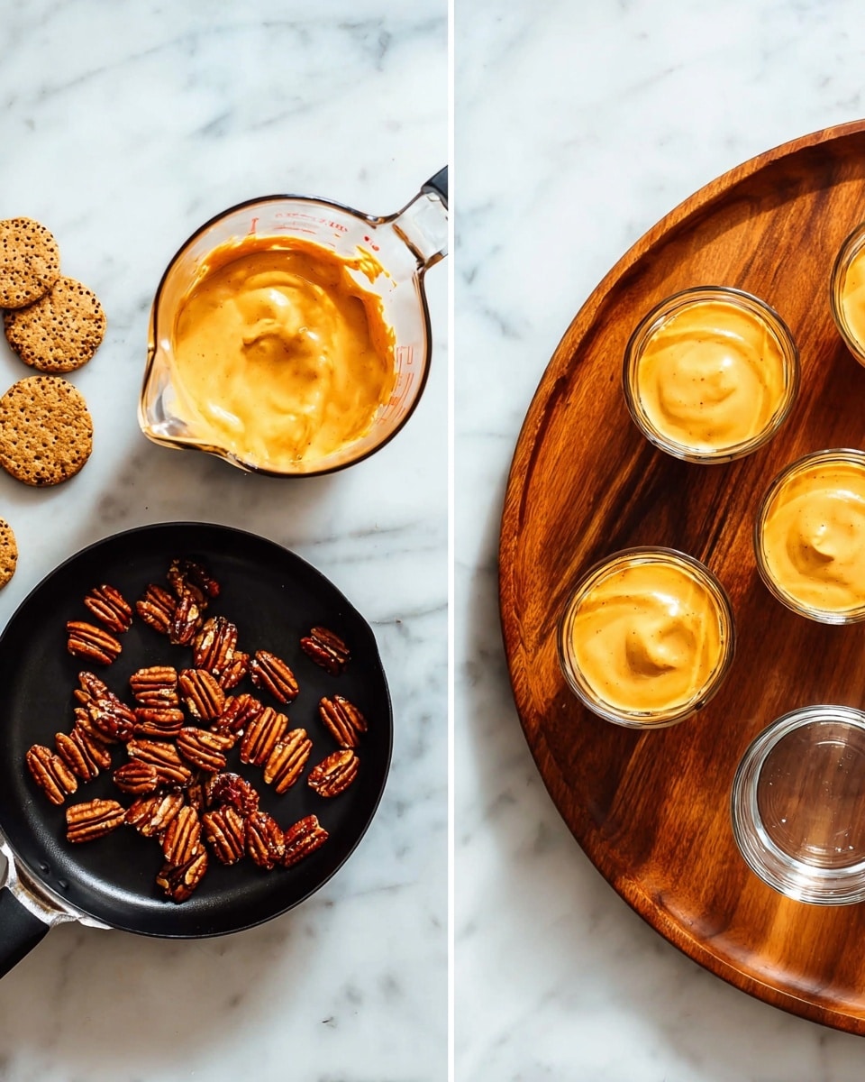 The image shows two parts: on the left, a black pan with toasted pecans scattered inside, a glass measuring cup with a thick orange cream next to the pan, and some crackers in the top left corner, all placed on a white marbled surface. On the right, there is a round wooden tray holding five small clear cups filled with the same thick orange cream, and one empty clear cup, with the bottom part of the glass measuring cup with cream visible on the right side, also on the white marbled surface. photo taken with an iphone --ar 4:5 --v 7