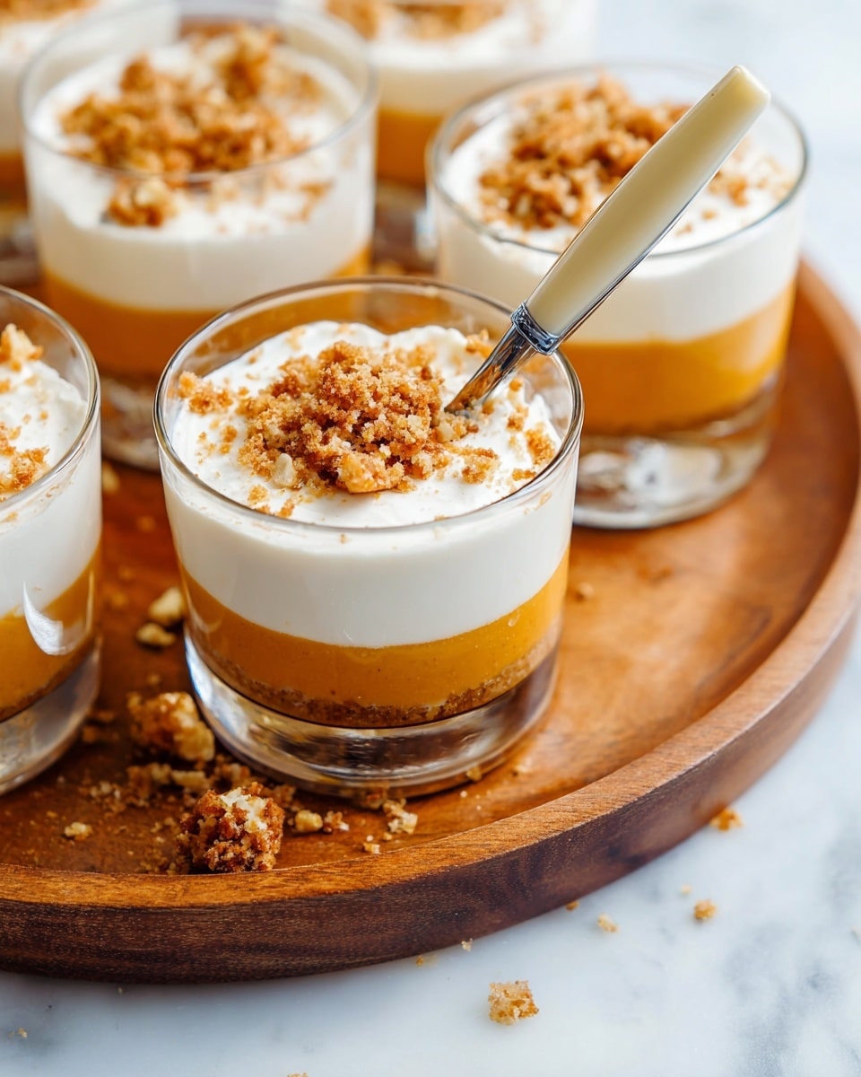 The image shows two views on a white marbled surface. On the left side, there is a black cast iron pan with toasted pecans spread inside, along with a glass measuring cup filled with thick, orange pumpkin puree and two whole graham crackers nearby. On the right side, five small clear glass cups filled with smooth, orange pumpkin mousse are placed on a round wooden tray, accompanied by a small clear glass of water and two glass measuring cups, one containing cream and the other pumpkin puree. Photo taken with an iphone --ar 4:5 --v 7