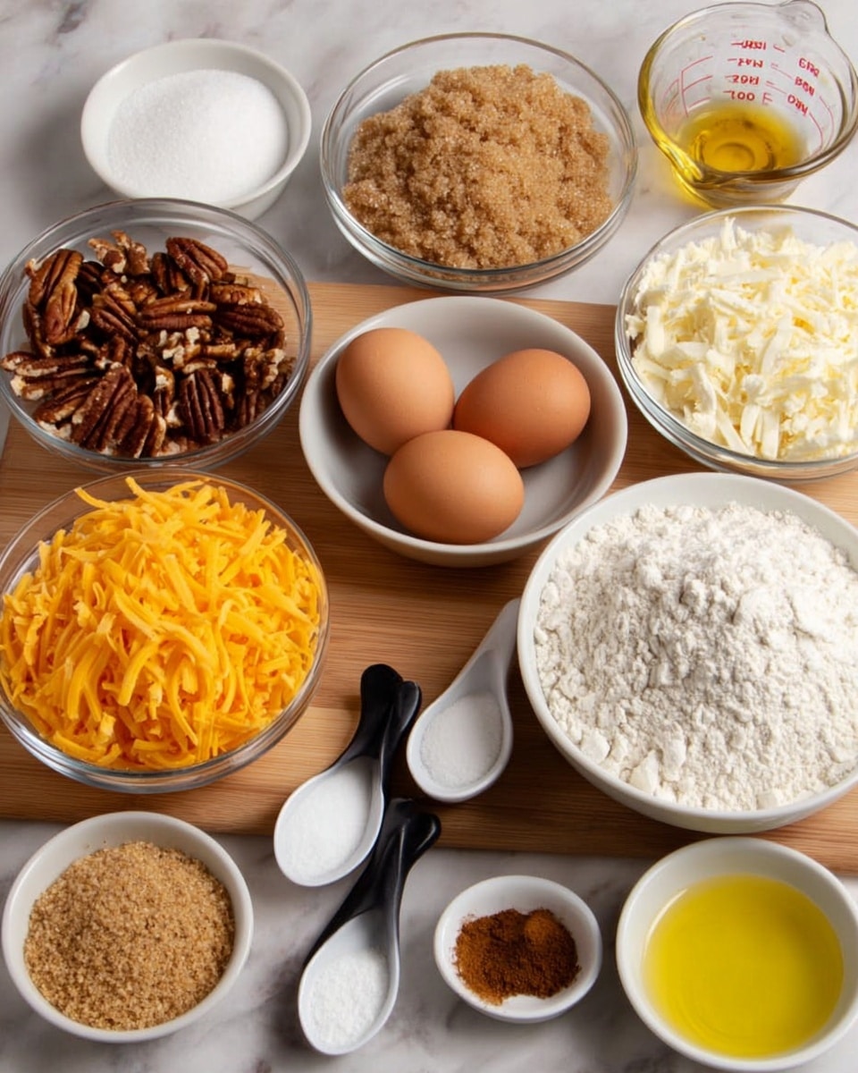 The image shows a wooden surface with several clear and white bowls arranged in a neat circle, each holding ingredients. Starting from the top, there is a bowl of white sugar, a bowl of chopped pecans with brown color and rough texture, a bowl of light brown sugar with a grainy texture, and a bowl of pale shredded coconut. Below these, a white bowl holds four brown eggs in the center. To the right, a clear glass measuring cup contains a light yellow liquid, likely oil. Next to it, a large clear bowl is full of white flour with a soft powdery texture. In front of these large bowls, there are two small black spoons holding white baking soda and white baking powder. There is also a small white spoon with light golden liquid, a round white cup with brown cinnamon powder, and another white cup with white salt. On the left side, a large clear bowl is filled with bright orange shredded cheddar cheese. The entire setup is resting on a clean white marbled surface. photo taken with an iphone --ar 4:5 --v 7