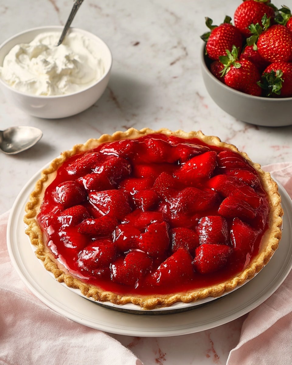The image shows a strawberry pie with a thick, shiny red strawberry topping filled with whole strawberries on top of a golden-brown crust. The pie is placed on a white plate sitting on a white marbled surface. To the left, there is a small bowl with white whipped cream and a silver spoon inside it. At the top right, a gray bowl full of bright red strawberries with green tops adds a fresh touch. The scene has soft lighting and a clean, inviting look. Photo taken with an iphone --ar 4:5 --v 7
