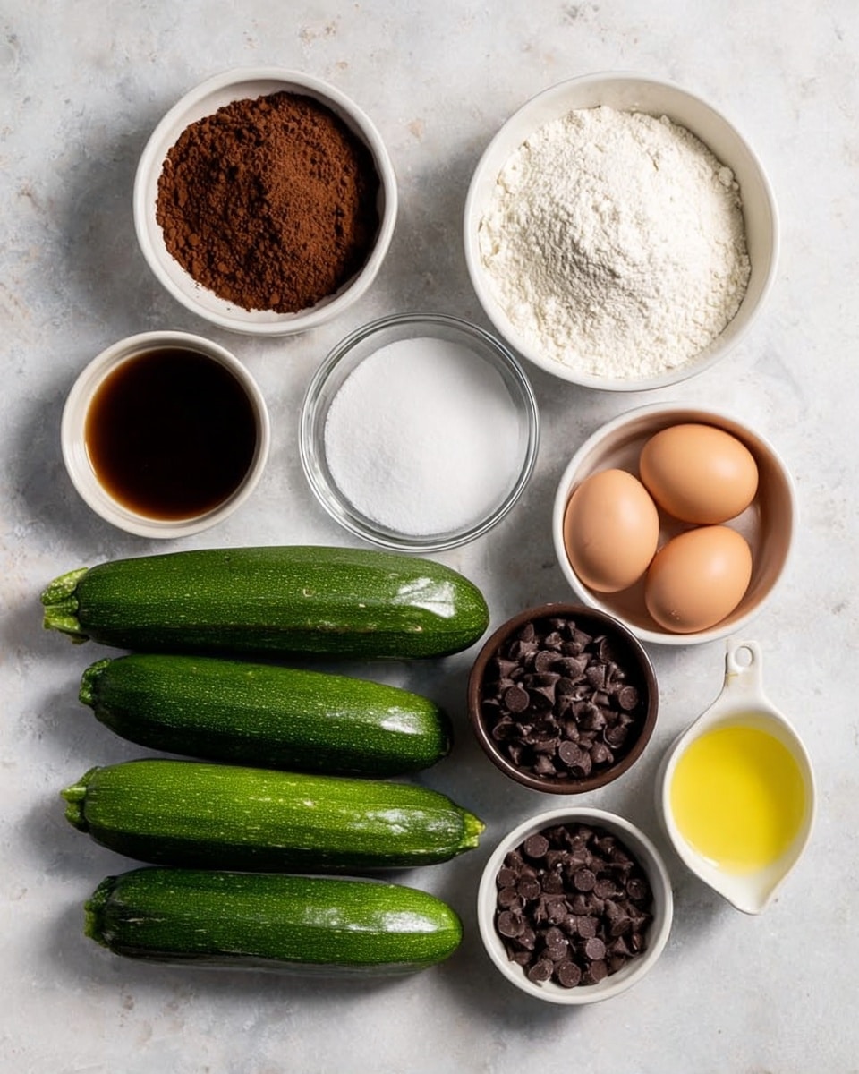 The image shows several ingredients arranged neatly on a white marbled surface. From left to right, there is a small white bowl with brown cocoa powder and white baking soda or powder, a larger white bowl filled with white flour, followed by a larger white bowl filled with white sugar. Next to these, there are four green zucchinis lined up horizontally. To the right of the zucchinis, there is a small white bowl with dark brown vanilla extract, a glass bowl with three raw eggs, a dark brown bowl filled with small dark brown chocolate chips, and finally, a small white measuring cup with a light yellow liquid, likely oil. The colors range from white and green to brown and yellow, with smooth textures on the liquids and powders, and slightly shiny surfaces on the zucchinis. Photo taken with an iphone --ar 4:5 --v 7