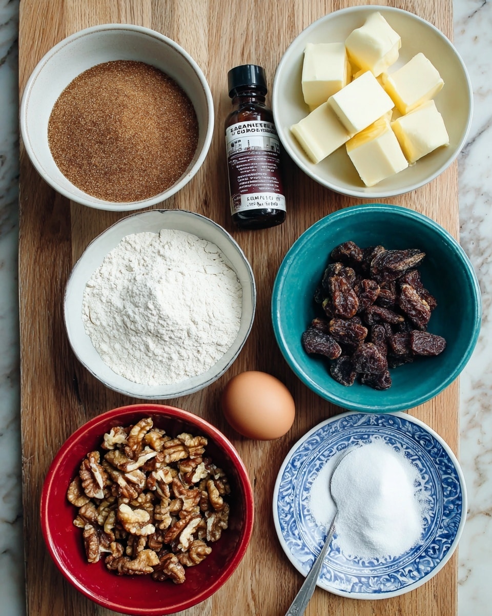 The image shows six small bowls and one egg arranged in a flat lay on a wooden surface. The top-left bowl is white and filled with light to dark brown sugar, showing a rough, grainy texture. To its right, a white bowl contains several pale yellow cubes of butter, smooth in texture. Below the sugar, there's another white bowl filled with white flour, powdery and soft looking. Next to the flour, a teal bowl holds chopped dark brown dates with a sticky texture. Below the flour, a red bowl is filled with uneven textured medium brown walnut halves. At the bottom right, a small white plate with blue patterns holds a small heap of white baking soda, white salt, and a spoon of white baking powder, all fine and powdery. A brown egg and a dark brown bottle of vanilla extract are placed between these ingredients. The background is a white marbled texture photo taken with an iphone --ar 4:5 --v 7