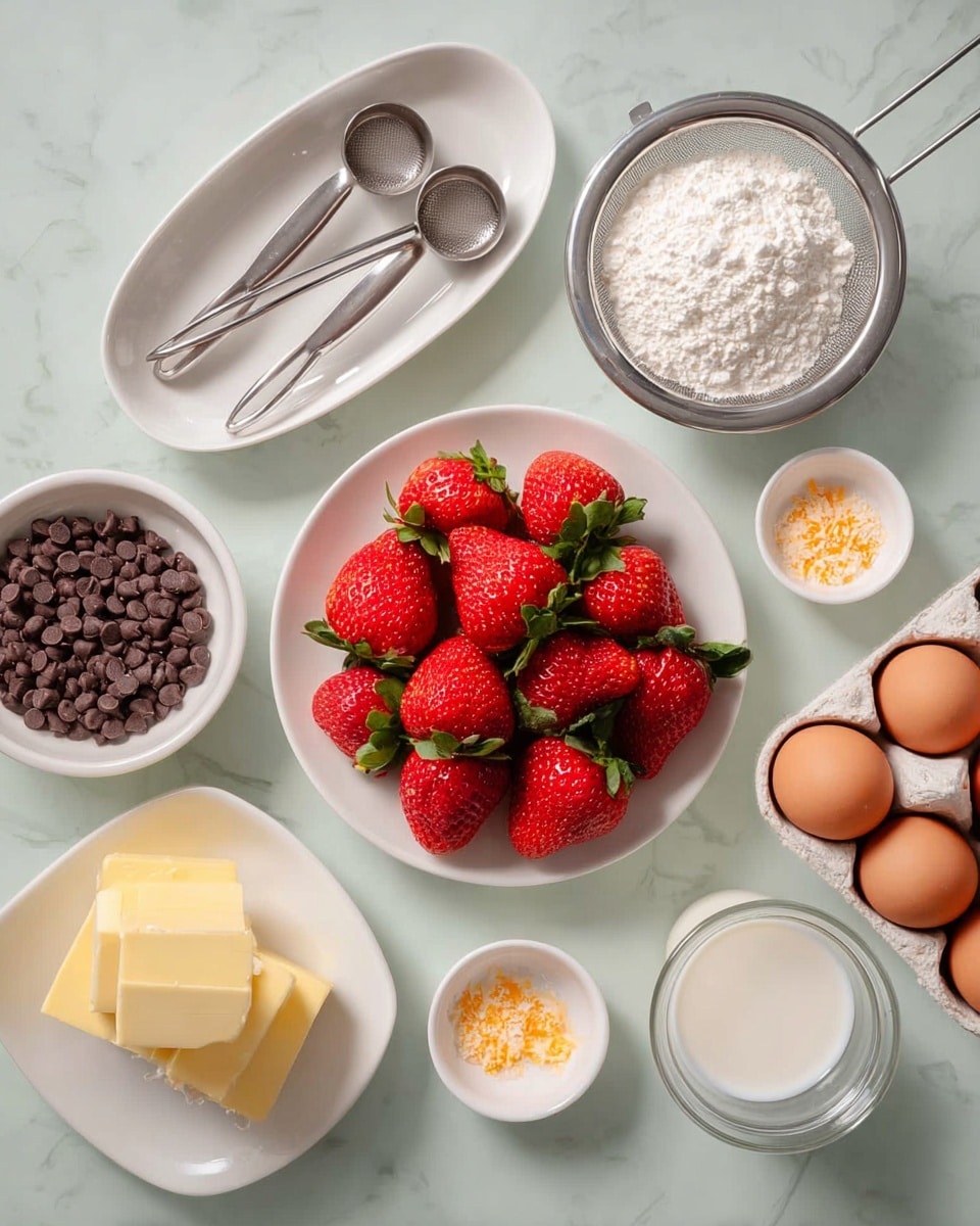 A white plate in the center holds bright red strawberries with green leaves on top, arranged in a pile. Around the plate, several white dishes hold different ingredients: in the top left, a white oval plate has dark brown chocolate chips with two metal measuring spoons filled with white powder next to it; below it is a metal sieve filled with white flour. To the right of the flour is an empty small white cup. Below the strawberries, a white dish holds three light yellow slices of butter. Near the bottom right, a clear glass cup contains white milk. Above this glass, a small white bowl has orange zest flakes. At the top right, a white egg carton holds three brown eggs with one empty space. All items are placed on a white marbled surface. photo taken with an iphone --ar 4:5 --v 7