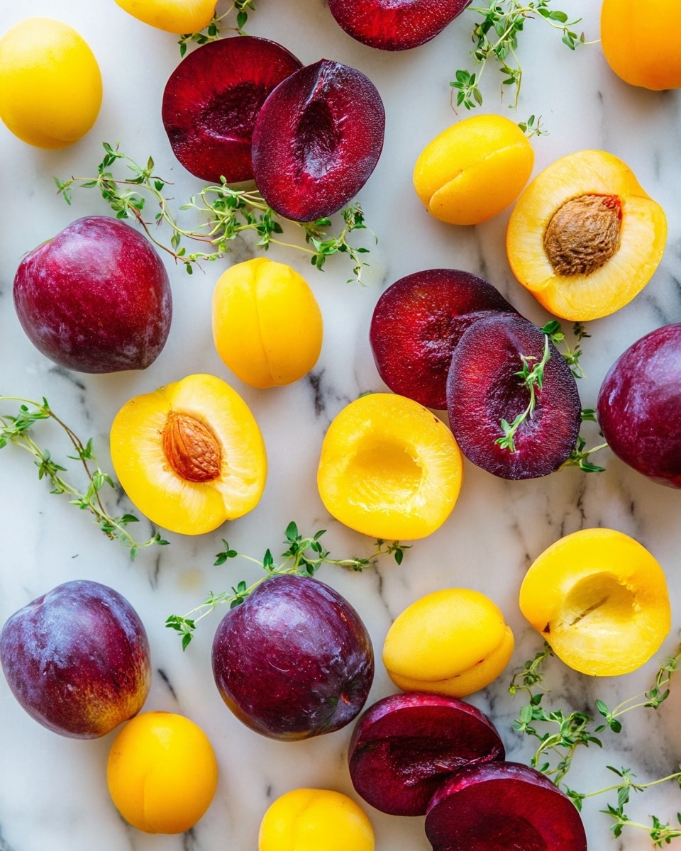 The image shows a mix of whole and sliced fruits arranged on a white marbled surface. There are whole yellow apricots scattered evenly, along with some halved apricots showing their bright yellow inside. Deep red plums, some cut in half to show their juicy, dark red flesh, and some sliced neatly into thin layers, are placed throughout. Sprigs of green herbs with small leaves are spread across the fruits, adding a fresh touch with their delicate green color. The overall look is fresh and colorful with bright yellow, deep red, and green all standing out against the white marbled background. photo taken with an iphone --ar 4:5 --v 7