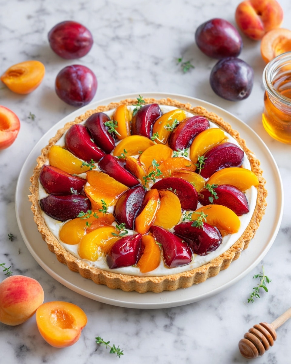 A tart with a golden brown crust forms the base, filled with a smooth white cream layer. On top, alternating slices and halves of deep red plums and bright orange apricots are neatly arranged in a circular pattern, showcasing vibrant, juicy textures. Small green herb sprigs are scattered on the fruit for a fresh accent. The tart sits on a white plate placed on a white marbled surface, surrounded by whole and halved plums and apricots, a small jar of honey, and a wooden honey dipper nearby. Photo taken with an iphone --ar 4:5 --v 7