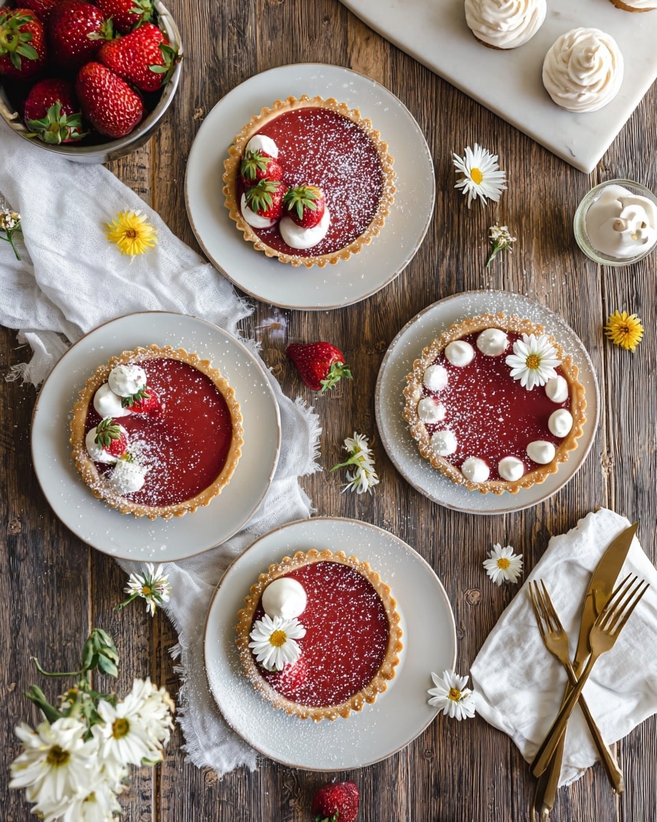 The image shows four small tarts with a golden crust and smooth red filling on white plates; each tart is decorated with white cream dollops, with two of them topped by a strawberry and small white flower, all lightly dusted with powdered sugar. The tarts are arranged on a wooden table with scattered small white and yellow flowers around them, a bowl of fresh strawberries on a white cloth on the left, and a white marble tray holding two tarts and a piping bag of cream at the top left. Golden forks rest beside each tart on the plates, adding a touch of elegance. Photo taken with an iphone --ar 4:5 --v 7