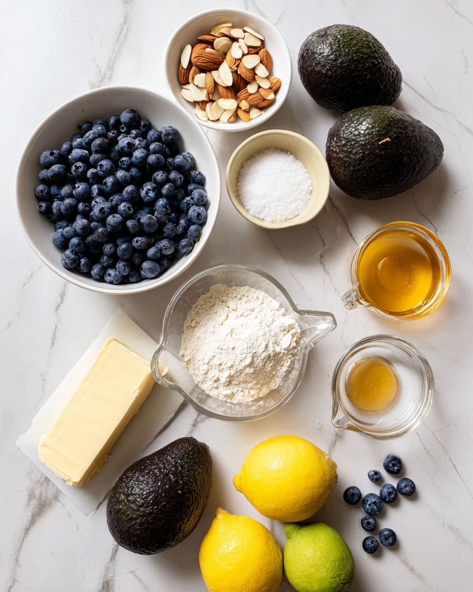 The image shows ingredients arranged on a white marbled surface: a white bowl filled with dark blue blueberries, a small beige bowl with salt, a clear bowl with sliced almonds, another clear bowl with white flour, and a clear measuring cup with golden honey. There are four whole dark green avocados and three bright yellow lemons placed nearby. A stick of pale yellow butter partially unwrapped rests next to a small empty white bowl. Some loose blueberries are scattered around the setup. Photo taken with an iphone --ar 4:5 --v 7