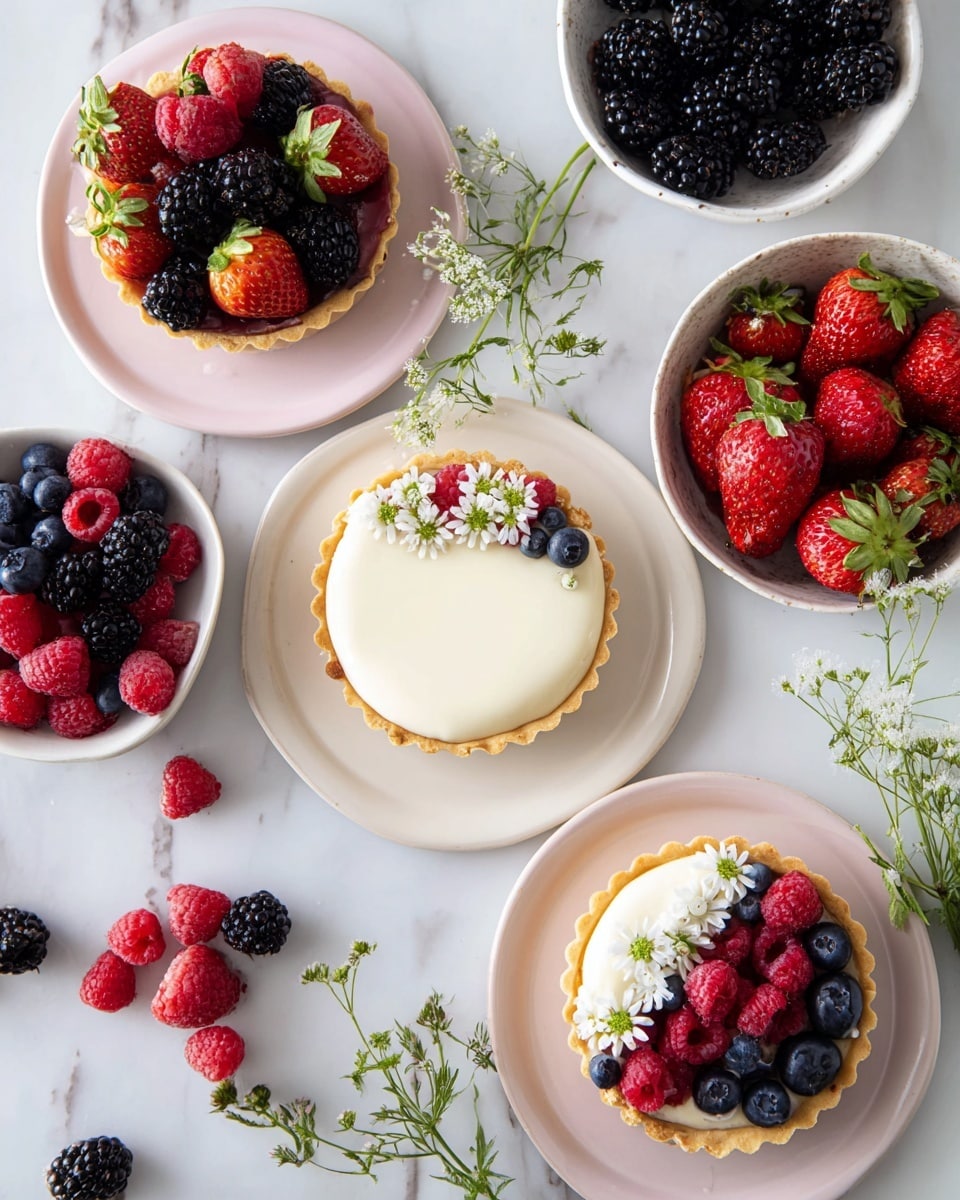 The image shows three small round tarts with a golden crust base, filled with smooth white creamy filling. One tart is plain, while the other two are decorated with fresh berries including strawberries, blackberries, raspberries, and blueberries arranged neatly on one side, along with small white flowers scattered among the fruit. The tarts sit on white plates with a slight pink tint. Around the tarts are white bowls filled with fresh berries—strawberries, blackberries, raspberries, and blueberries—placed on a white marbled surface. Green herb sprigs and small white flowers are scattered across the surface, adding a fresh, natural touch. Photo taken with an iphone --ar 4:5 --v 7