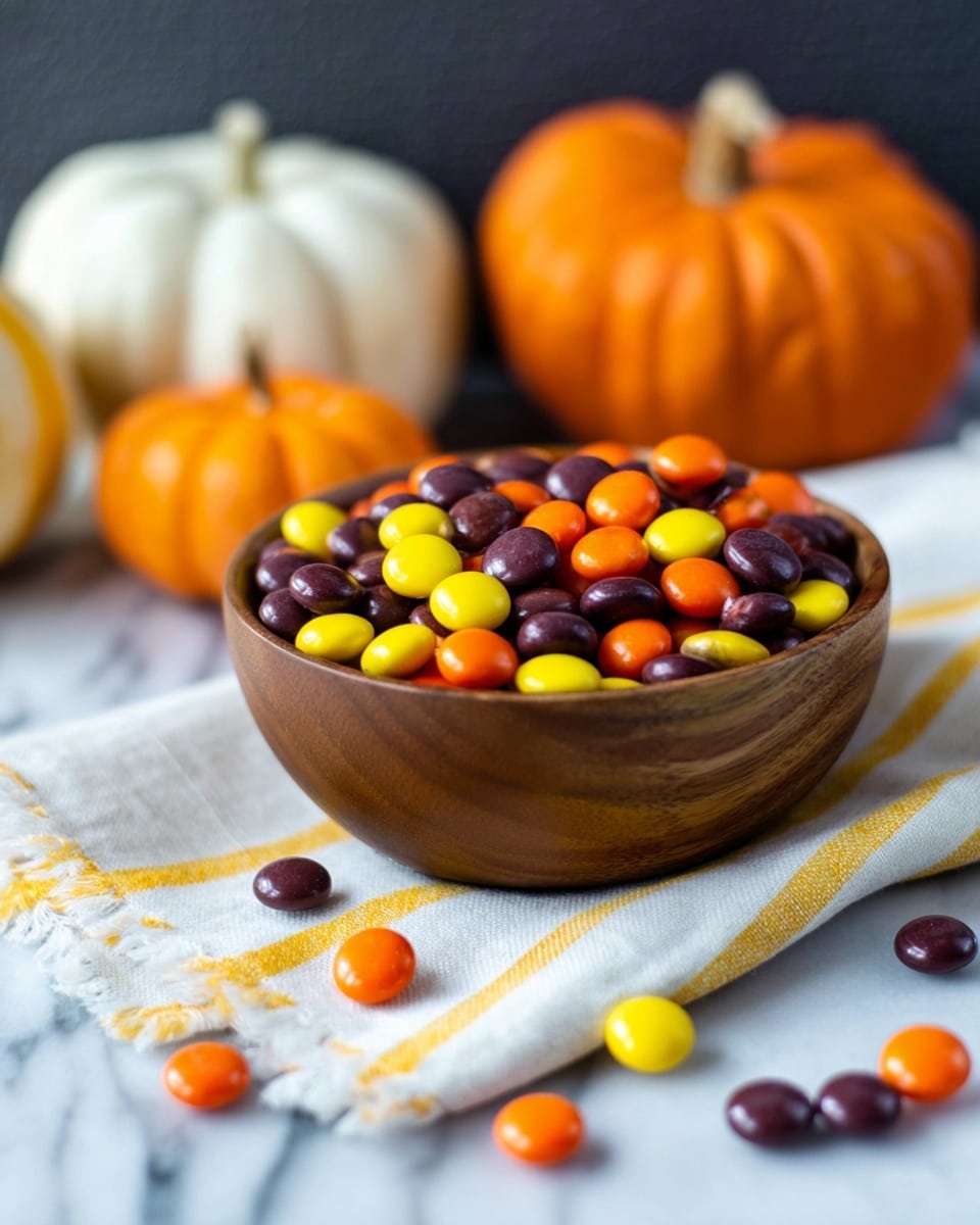 A wooden bowl filled with small round candies in three colors: yellow, orange, and dark purple, all mixed together evenly. The bowl sits on a white cloth with yellow stripes and fringes on a white marbled surface. In the background, there are three small pumpkins in white and two shades of orange, slightly blurred to keep focus on the bowl. Some candies are scattered to the side, adding a casual look. photo taken with an iphone --ar 4:5 --v 7