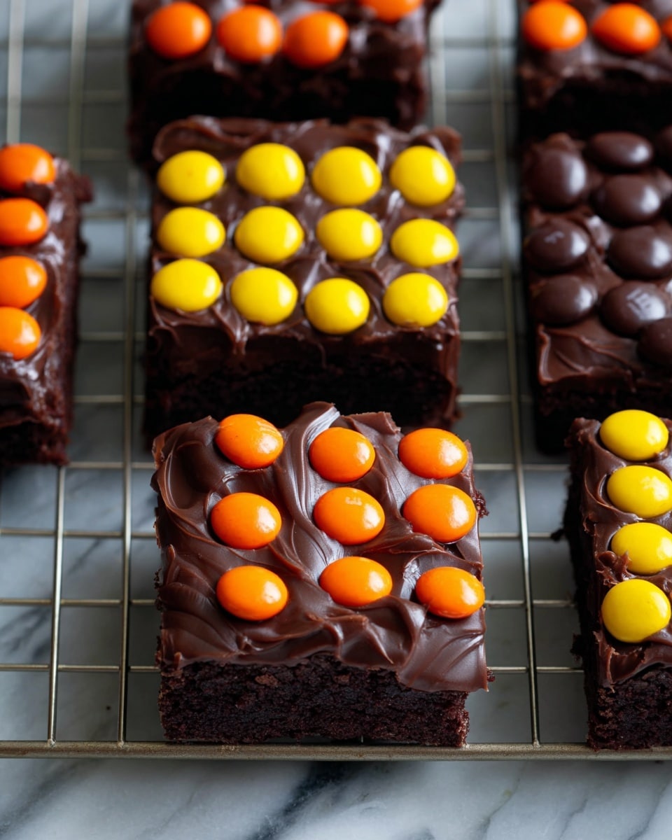 The image shows several square brownies placed on a wire rack over a white marbled surface. Each brownie is covered with a thick, shiny, dark chocolate layer that looks smooth and slightly wavy. Some of the brownies are decorated with three rows of colorful candy-coated chocolates in yellow, orange, and dark brown, arranged in a neat grid on top of the chocolate layer, while others have only the plain chocolate topping. The candies form bright, round spots that contrast with the dark smooth chocolate and the deep brown of the brownies beneath. Photo taken with an iphone --ar 4:5 --v 7