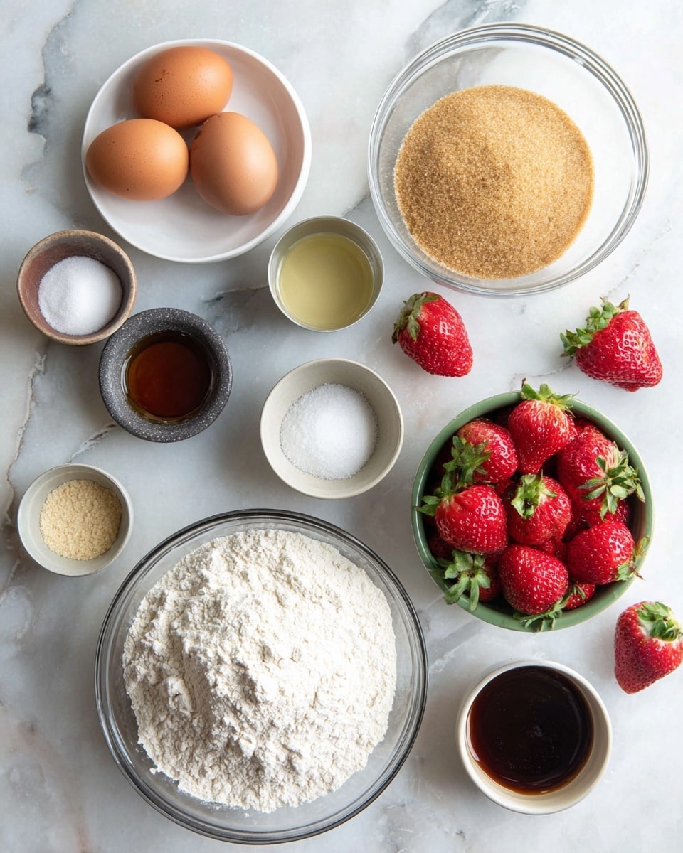 The image shows several bowls and plates with ingredients arranged neatly on a white marbled surface. There are two brown eggs placed on a small white plate at the top left, next to a large clear bowl filled with light brown sugar. To the right, a white bowl holds fresh red strawberries with green leaves. Below the strawberries is a large clear bowl filled with white flour. Above and around these main ingredients are small white and gray bowls containing light beige powder, white granulated sugar, and dark brown liquid. A single strawberry is placed on the marbled surface near the top right and another one to the right side of the image. The photo taken with an iphone --ar 4:5 --v 7
