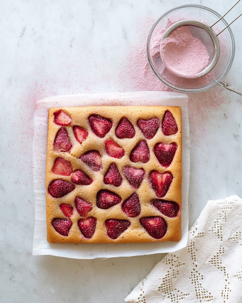 A square-shaped strawberry cake sits on a white plate covered with white parchment paper. The cake has one layer of golden-brown baked dough with halved strawberries placed evenly inside, their bright red color contrasting with the warm dough. The top is sprinkled lightly with pink powder, which is also scattered on the white marbled surface around the plate. To the upper right, there is a clear glass bowl filled with the same pink powder and a silver spoon resting inside it. Next to the plate, there is a small silver sieve holding the pink powder. A white cloth with an eyelet pattern is partly visible on the bottom right. The photo taken with an iphone --ar 4:5 --v 7