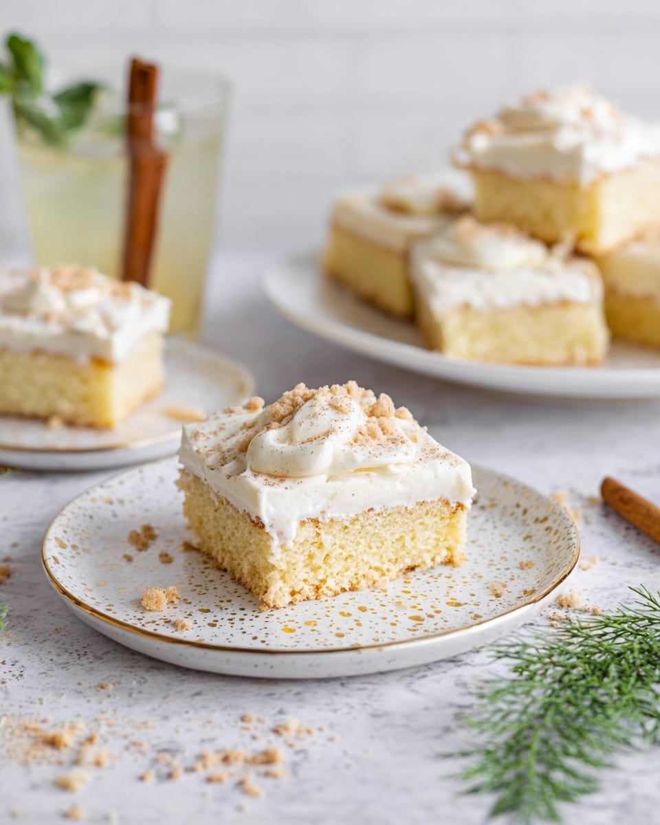 The image shows two square pieces of light yellow cake with a thick white frosting layer on top, sprinkled with light brown crumbs. The cake pieces are placed on a white plate with gold speckles, one piece stacked on the other and the top piece having a bite taken out of it. In the background, there is a white plate with more stacked cake pieces and a green sprig for decoration. The surface is a white marbled texture with scattered cake crumbs and a green herb sprig for garnish. To the left, there is a glass with a drink, garnished with a green herb and a cinnamon stick. Photo taken with an iphone --ar 4:5 --v 7