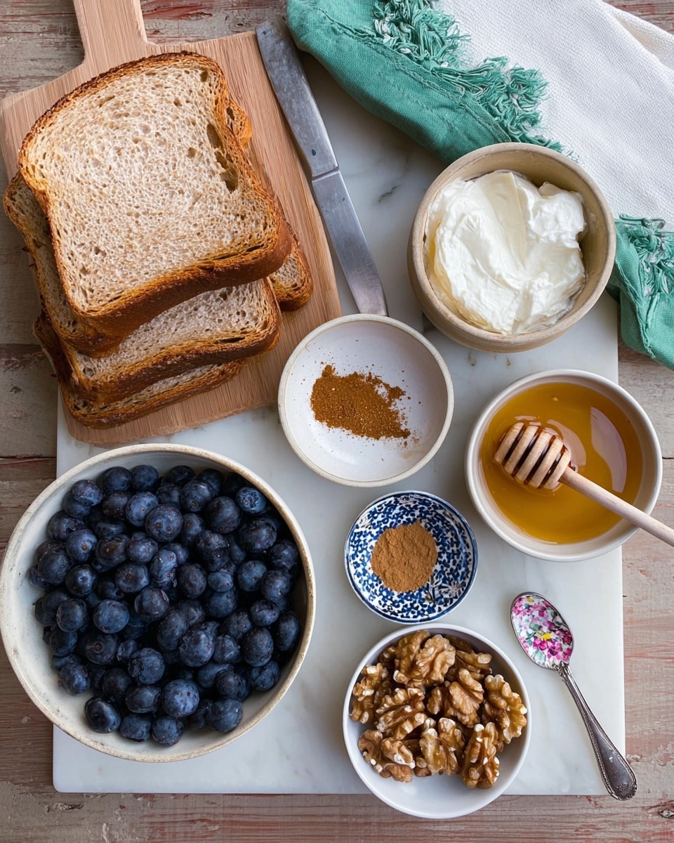 The image shows three thick slices of light brown bread with a crisp crust, stacked diagonally on a wooden cutting board at the left side. To the right, a small white bowl holds golden honey with a wooden honey dipper resting in it. Above that, another white bowl contains smooth white cream cheese. Next to it is a small white plate with a heap of brown cinnamon powder and a tiny spoon with a floral handle. To the right, a small white bowl with blue pattern details holds light brown walnuts. Below, a large white bowl filled to the top with fresh, round, dark blue blueberries is placed on a white marbled surface, along with a silver butter knife lying horizontally above the blueberries. A white cloth with green edges is partially visible at the top right corner. The photo taken with an iphone --ar 4:5 --v 7