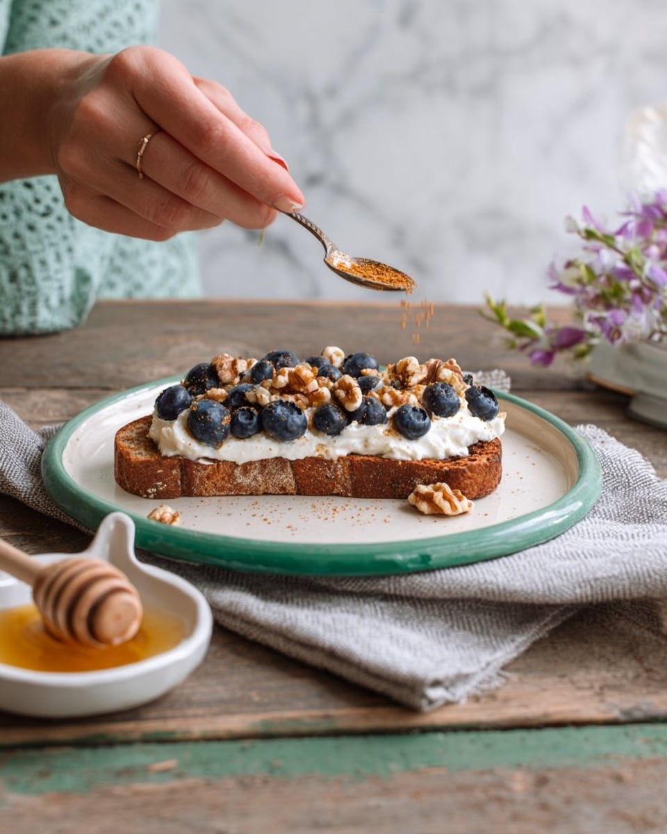 A piece of toasted brown bread placed on a white plate with a green edge, sitting on a rustic wooden table with a folded gray cloth underneath. The toast is covered with a thick layer of white cream cheese, topped with fresh dark blue blueberries scattered evenly, and broken walnuts adding a textured golden brown layer. A woman's hand is sprinkling a reddish-brown spice or powder on top from a small spoon above the toast. Next to the plate is a small white dish filled with golden honey and a wooden honey dipper resting on the table. The background includes a white marbled texture surface. Photo taken with an iphone --ar 4:5 --v 7