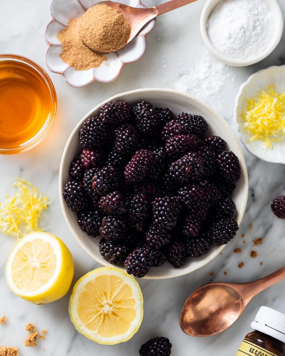 A white bowl filled with many dark purple blackberries sits on a white marbled surface. Around the bowl are two lemon halves that are bright yellow with a textured, juicy inside and some lemon zest on a small white flower-shaped plate near the top. To the left, a copper-colored spoon holds a heap of light brown sugar, and above it, a wooden spoon has a small pile of white powdery baking soda. Next to the spoons, a small white bowl contains more white powder. A round glass bowl with amber-colored honey is placed near the top left corner. Some scattered blackberries and light brown sugar crumbs are also visible on the surface. Photo taken with an iphone --ar 4:5 --v 7