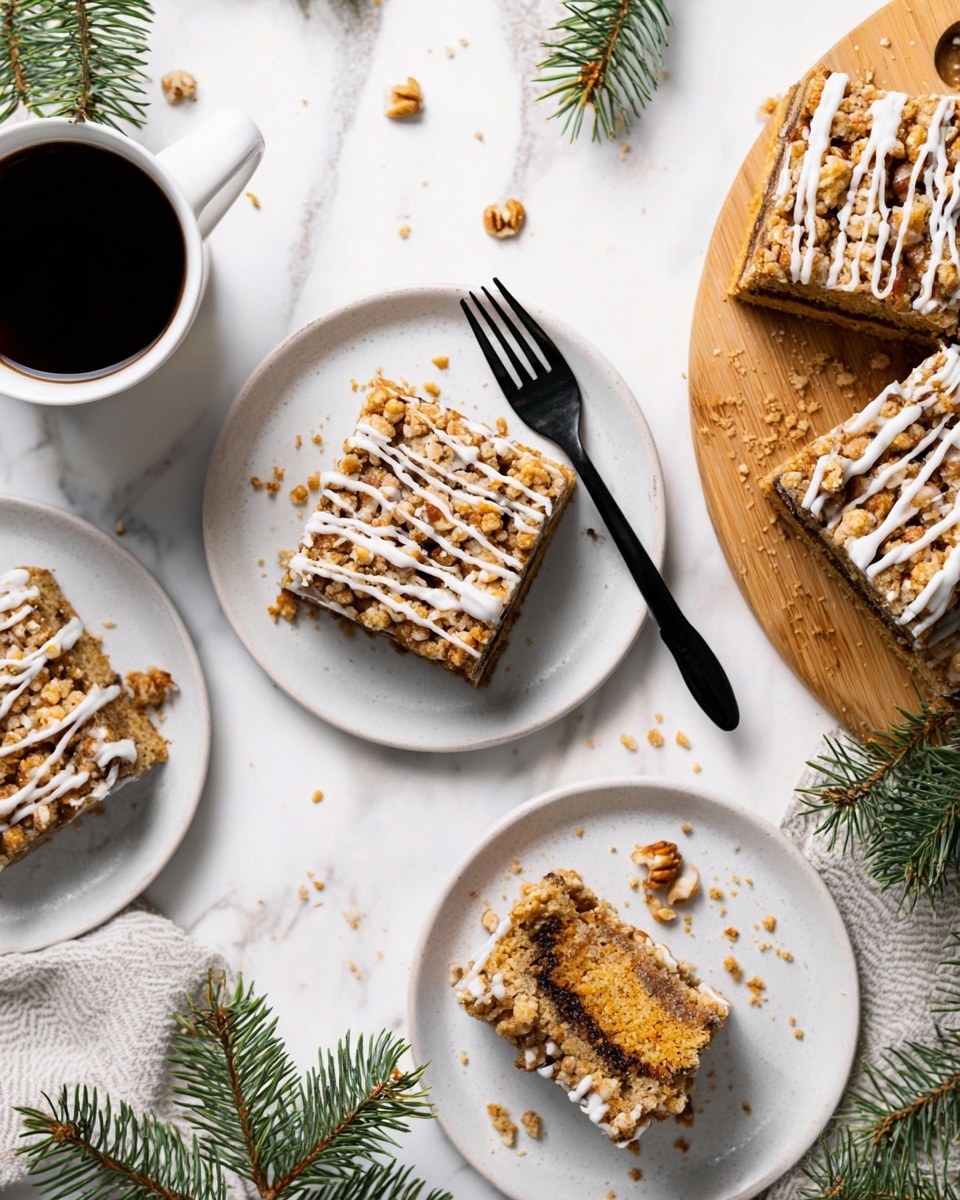 The image shows square crumb bars placed on white plates and a wooden board over a white marbled surface. Each bar has three visible layers: a golden-brown bottom cake layer, a darker middle layer that looks like a filling, and a crumbly top layer with brown and golden crumbs mixed with small nuts. White icing is drizzled in thin lines across the top crumb layer. Crumbs are scattered around the plates and board. A black fork rests next to one whole bar and holds a small piece of the bar on another plate. A white cup of black coffee is visible in the upper left corner, with green pine needles placed nearby. The scene is bright and clean with a cozy feel. Photo taken with an iphone --ar 4:5 --v 7