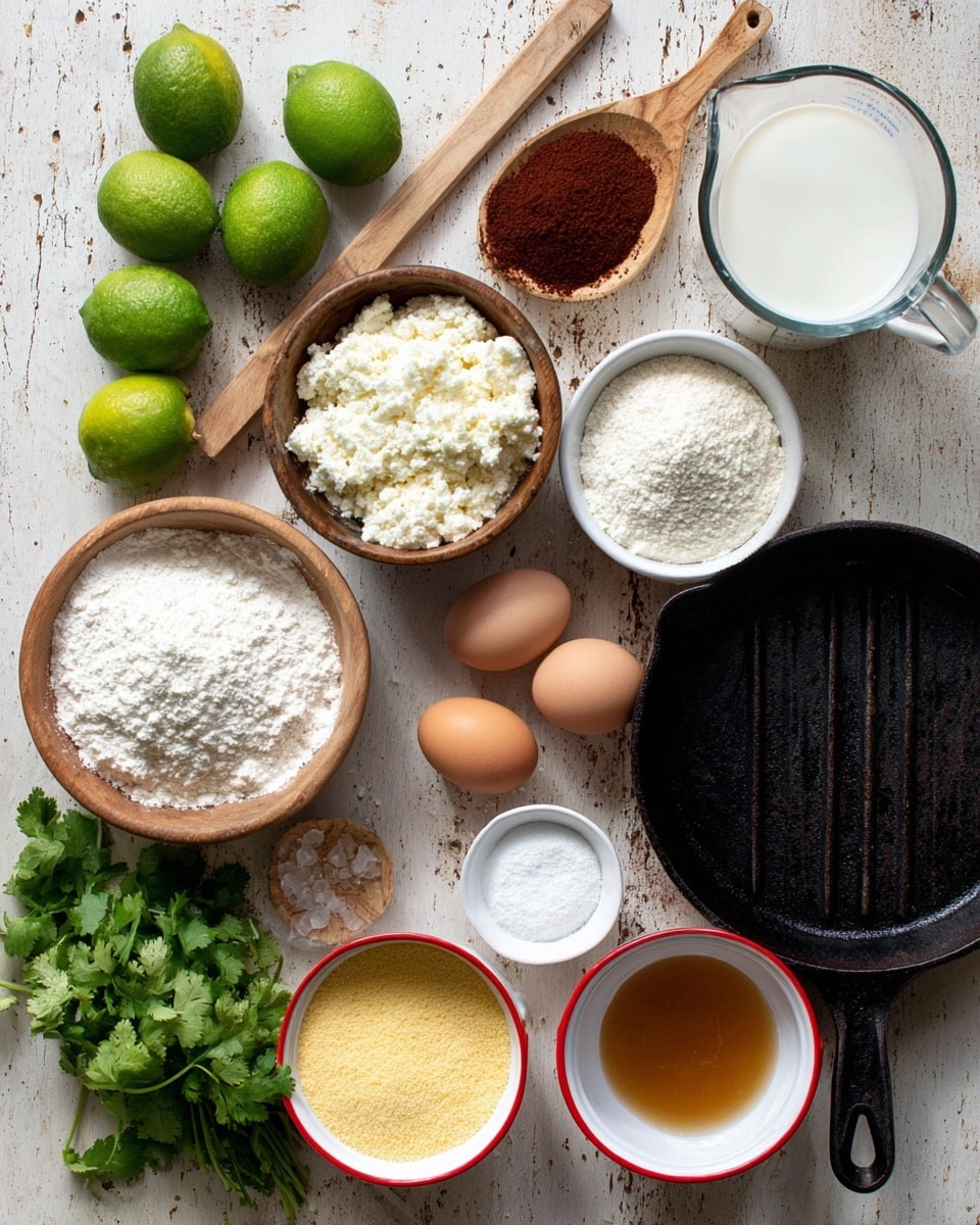 The image shows a collection of cooking ingredients arranged neatly on a white marbled surface. There are three whole green limes at the top left, next to a wooden spoon filled with dark red spice powder. Below them is a small wooden bowl filled with crumbly white cheese. Two brown eggs sit near the center, beside a bunch of fresh green cilantro. There are two small white bowls containing white powders placed near the cilantro, and a small white dish with salt in it next to a black cast iron pan with long ridges. Three enamel bowls with red rims hold white flour, yellow cornmeal, and a brown liquid, respectively. A glass measuring cup filled with a thick white liquid completes the arrangement. Photo taken with an iphone --ar 4:5 --v 7