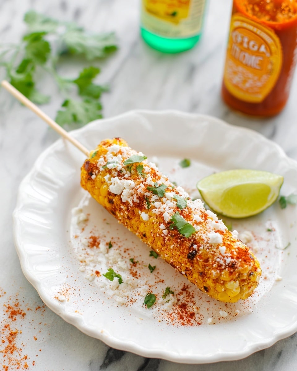 A white fluted plate holds a single corn on the cob on a white stick, coated with a golden-yellow layer of corn, sprinkled with red chili powder and white crumbly cheese on top, and garnished with small green cilantro leaves scattered over and around it. A wedge of bright green lime sits next to the corn, on a white marbled surface beneath the plate. In the background, a partially visible bottle of orange hot sauce and a bottle of light green soda add color contrast. Photo taken with an iphone --ar 4:5 --v 7