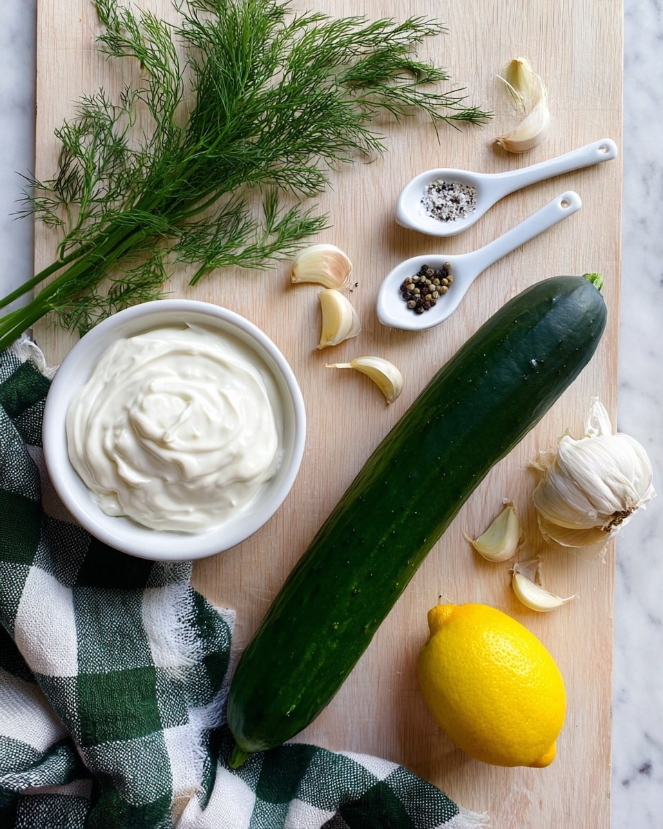 A long dark green cucumber lies diagonally in the center on a light wooden surface with fresh dill sprigs positioned along the top left corner. To the right, a bright yellow lemon sits beside scattered garlic cloves with some loose garlic skin around them. Two small white spoons above the lemon hold white salt and black pepper, marked with measurements. At the bottom left, a white bowl filled with smooth, creamy white yogurt rests partly on a green, black, and white checkered cloth. The background is changed to a white marbled texture photo taken with an iphone --ar 4:5 --v 7
