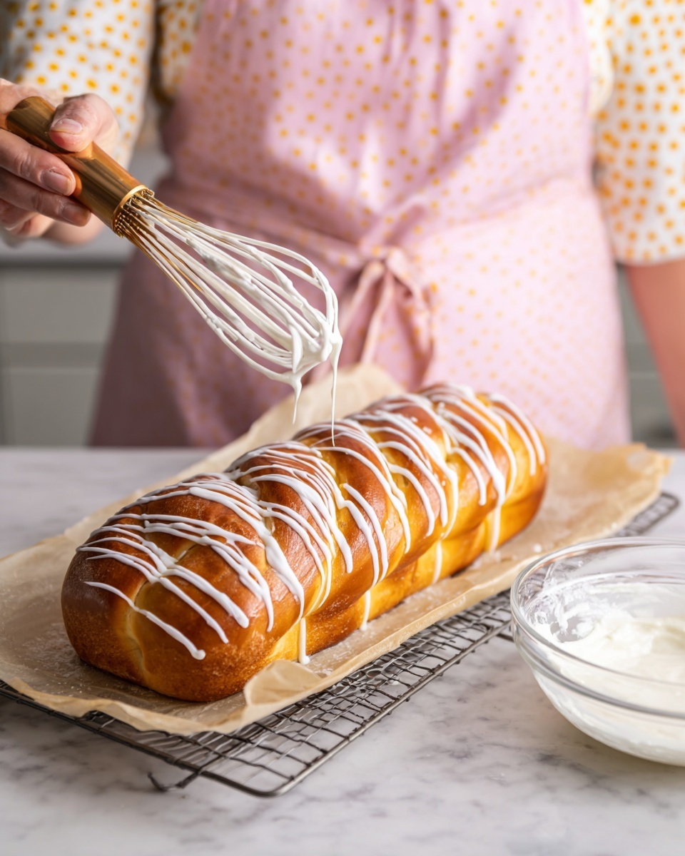A golden-brown braided loaf is placed on a wire rack over a baking tray lined with parchment paper. The loaf’s shiny surface is being drizzled with white icing using a whisk held by a woman's hand, creating thin, irregular lines of glaze across the top. To the right of the loaf, there is a clear glass bowl filled with more white icing. The scene is set on a white marbled surface, and in the background, a person wearing a light pink apron with small yellow dots and a dusty pink waist tie is visible. Photo taken with an iphone --ar 4:5 --v 7